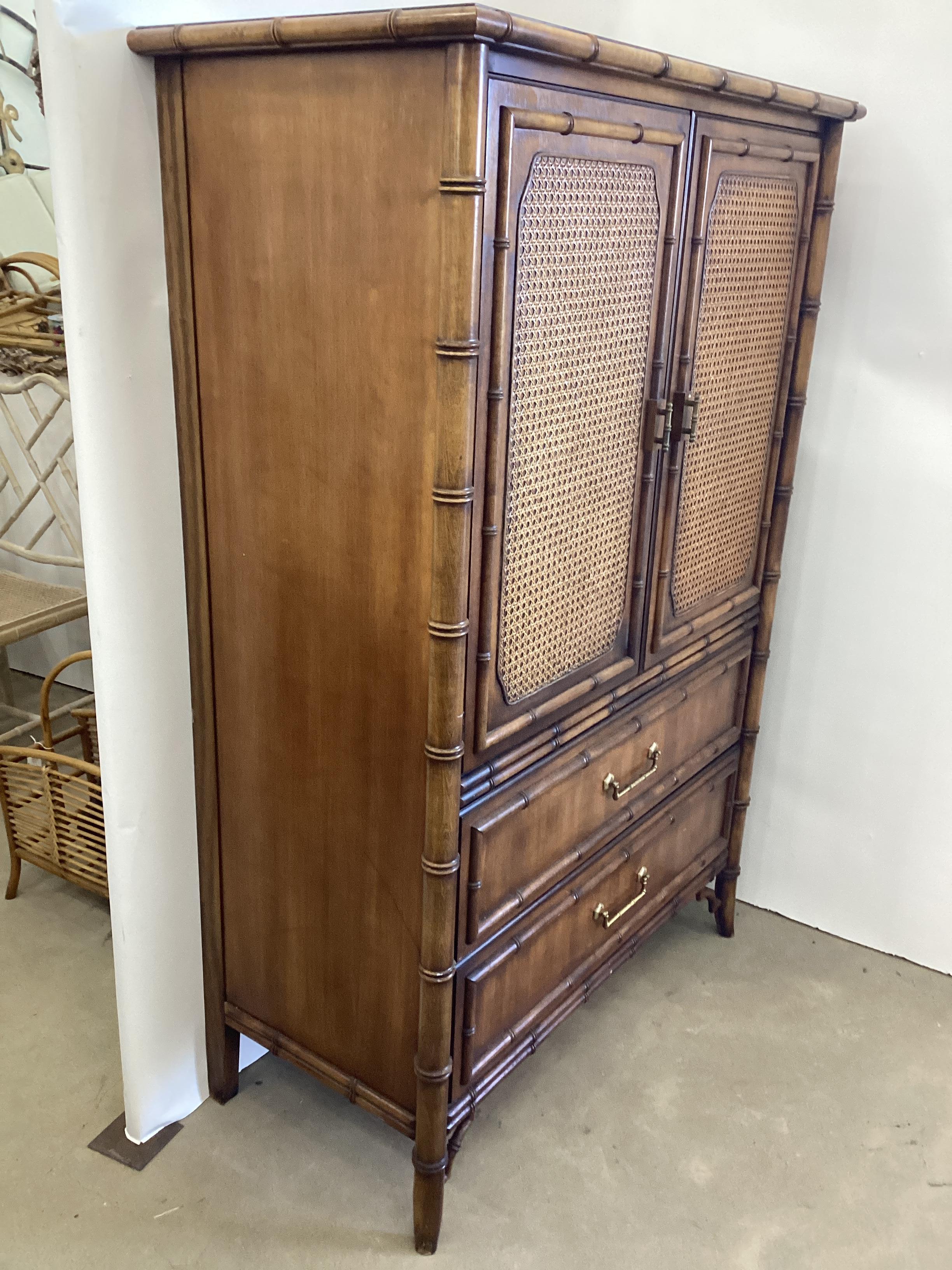 Vintage Dixie Furniture Fruitwood and Rattan Armoire In Good Condition For Sale In Chapel Hill, NC