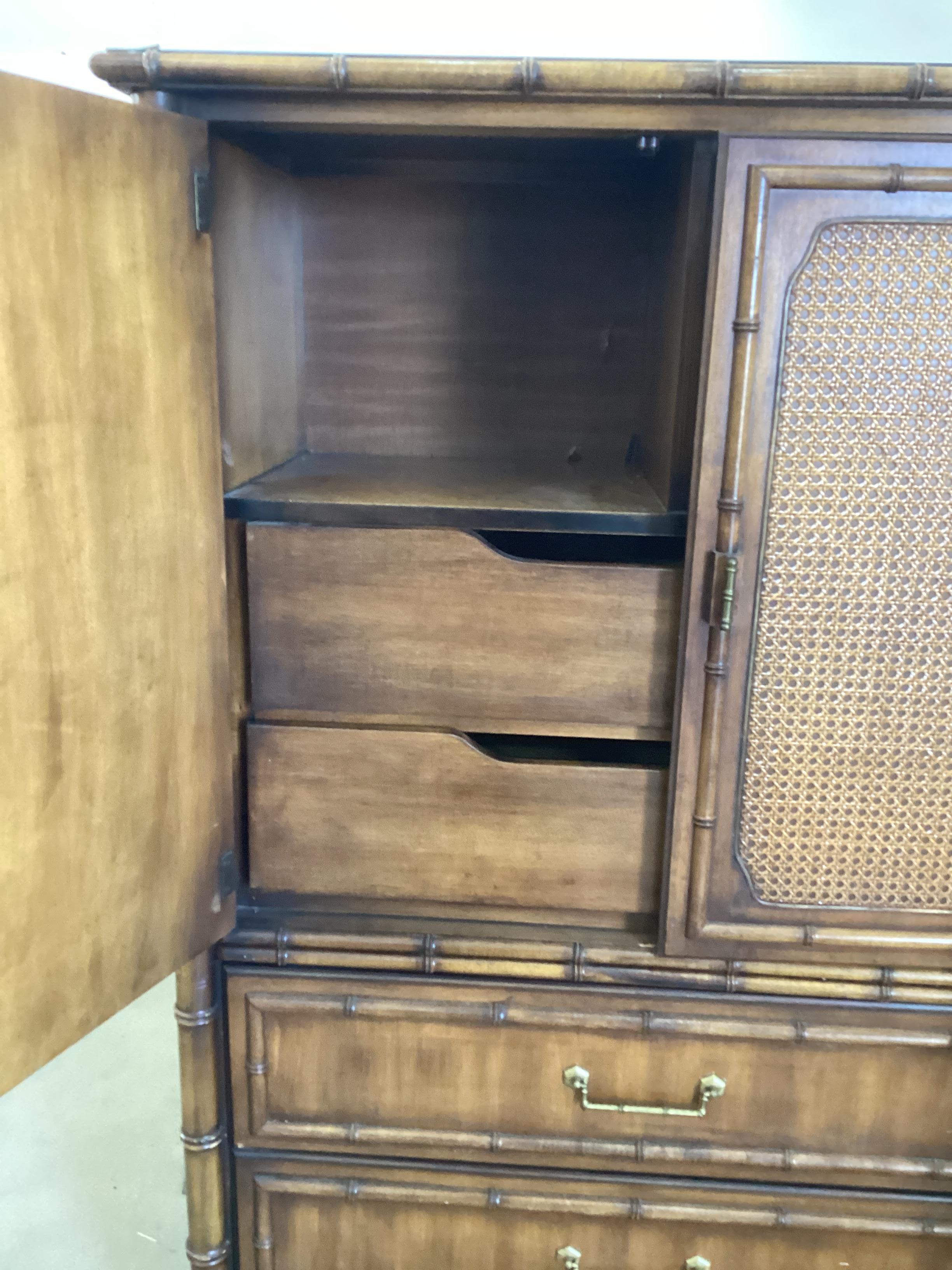 Vintage Dixie Furniture Fruitwood and Rattan Armoire For Sale 1