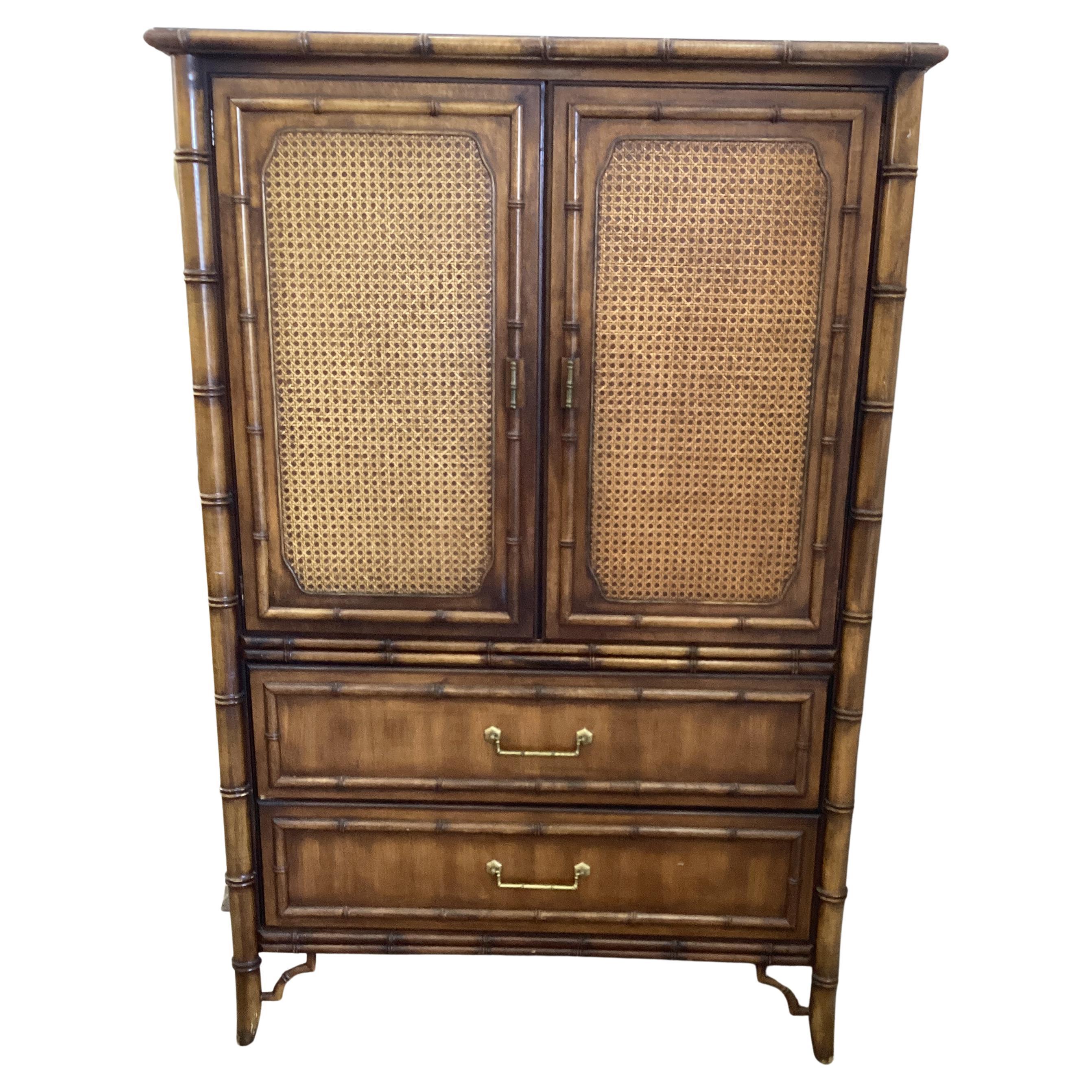 Vintage Dixie Furniture Fruitwood and Rattan Armoire For Sale
