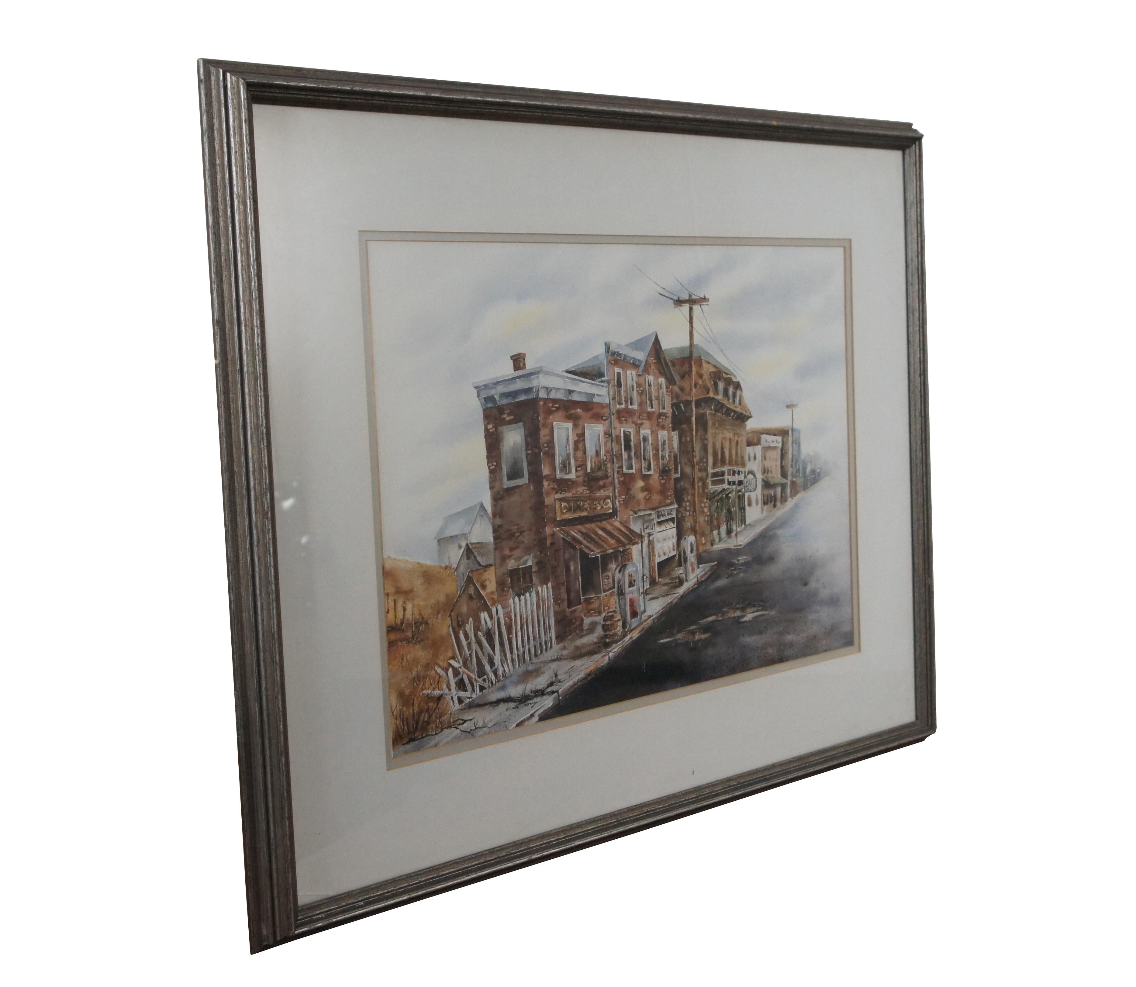 Vintage Dixie Highway US 150 Cityscape Watercolor Painting Rustic Town Framed  In Good Condition For Sale In Dayton, OH
