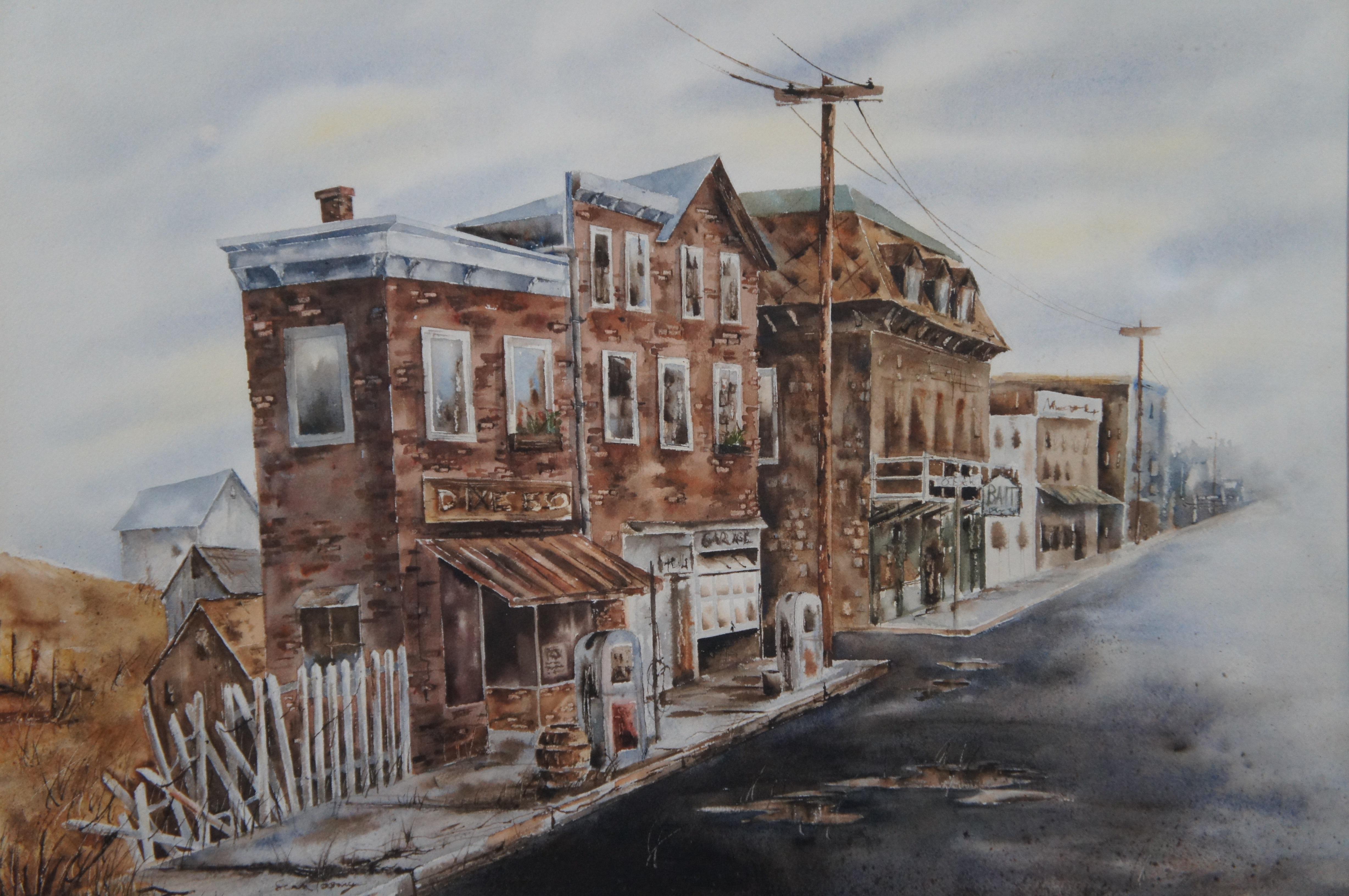 Vintage Dixie Highway US 150 Cityscape Watercolor Painting Rustic Town Framed  For Sale 2
