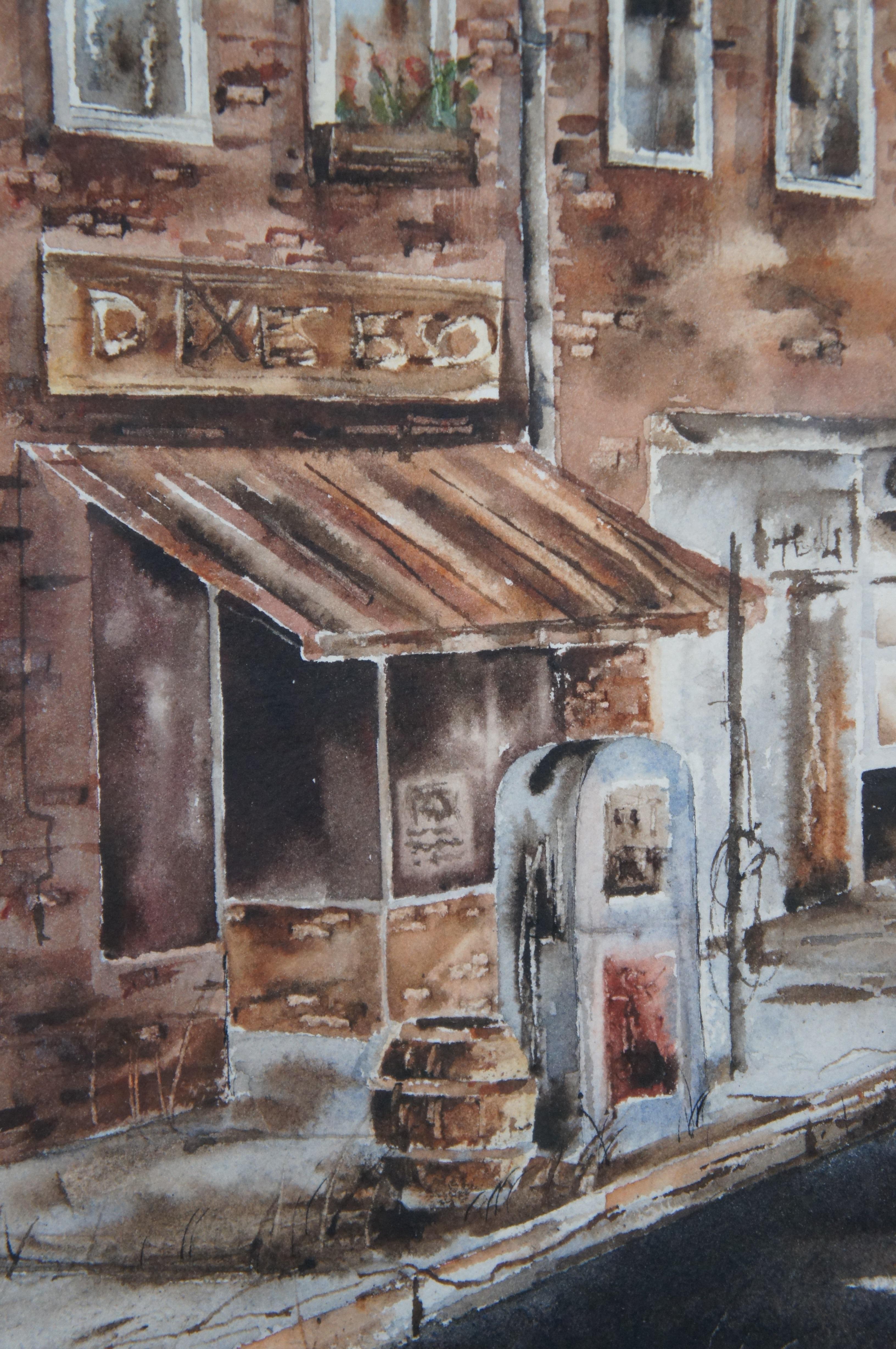 Vintage Dixie Highway US 150 Cityscape Watercolor Painting Rustic Town Framed  For Sale 4