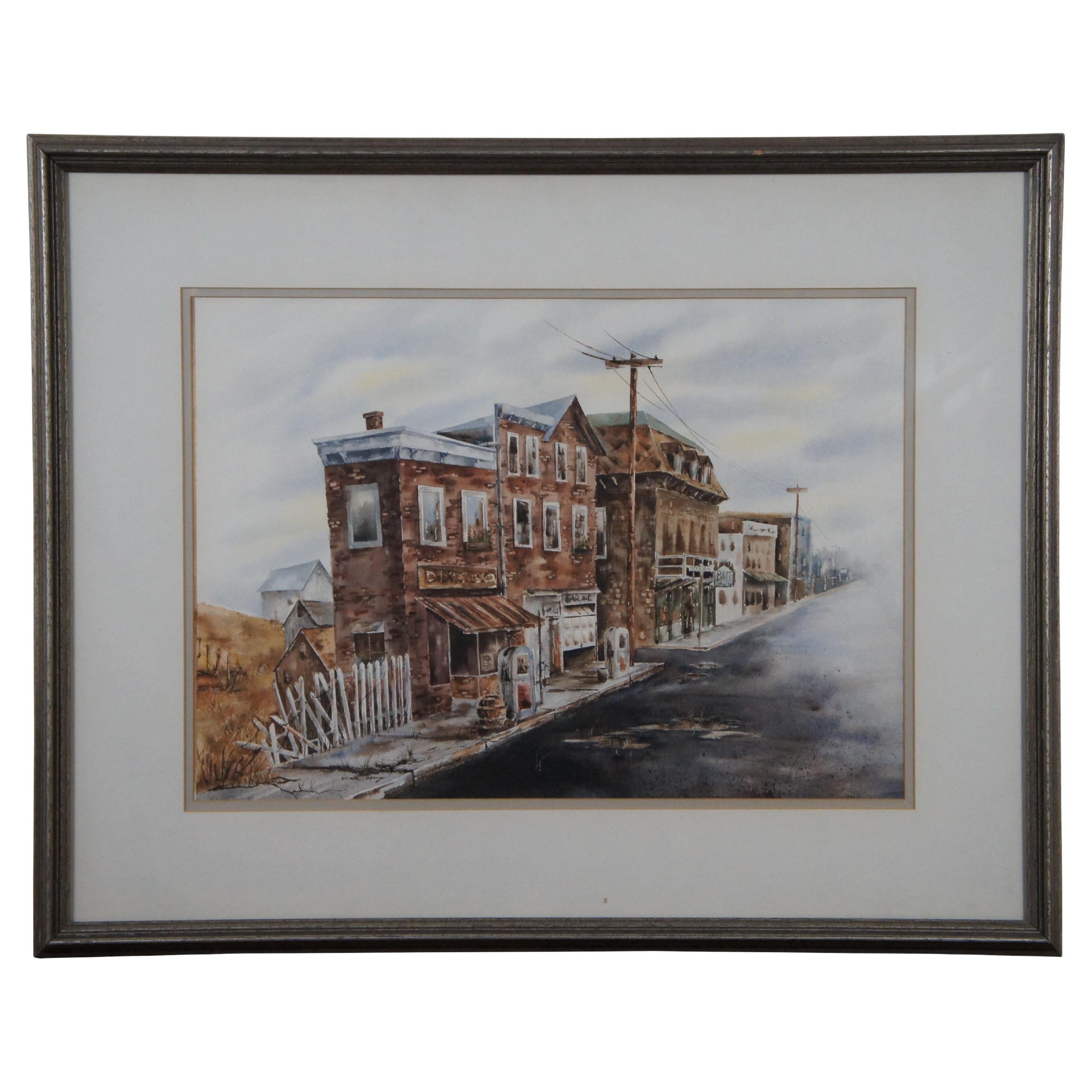 Vintage Dixie Highway US 150 Cityscape Watercolor Painting Rustic Town Framed  For Sale