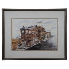Vintage Dixie Highway US 150 Cityscape Watercolor Painting Rustic Town Framed 