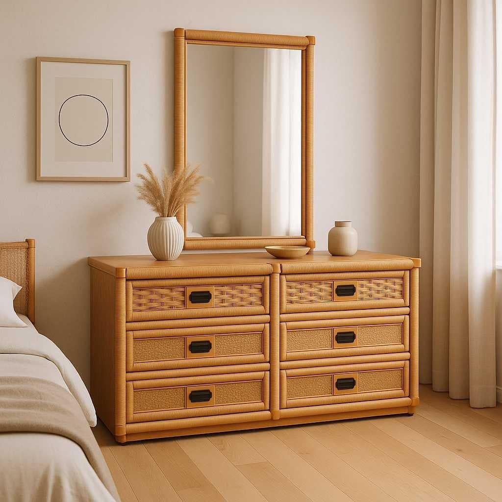 Vintage Dixie Commode en bois et rotin avec miroir, six tiroirs, style côtier en vente 11