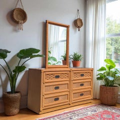 Vintage Dixie Rattan and Wood Dresser with Mirror, Six-Drawer Coastal Style
