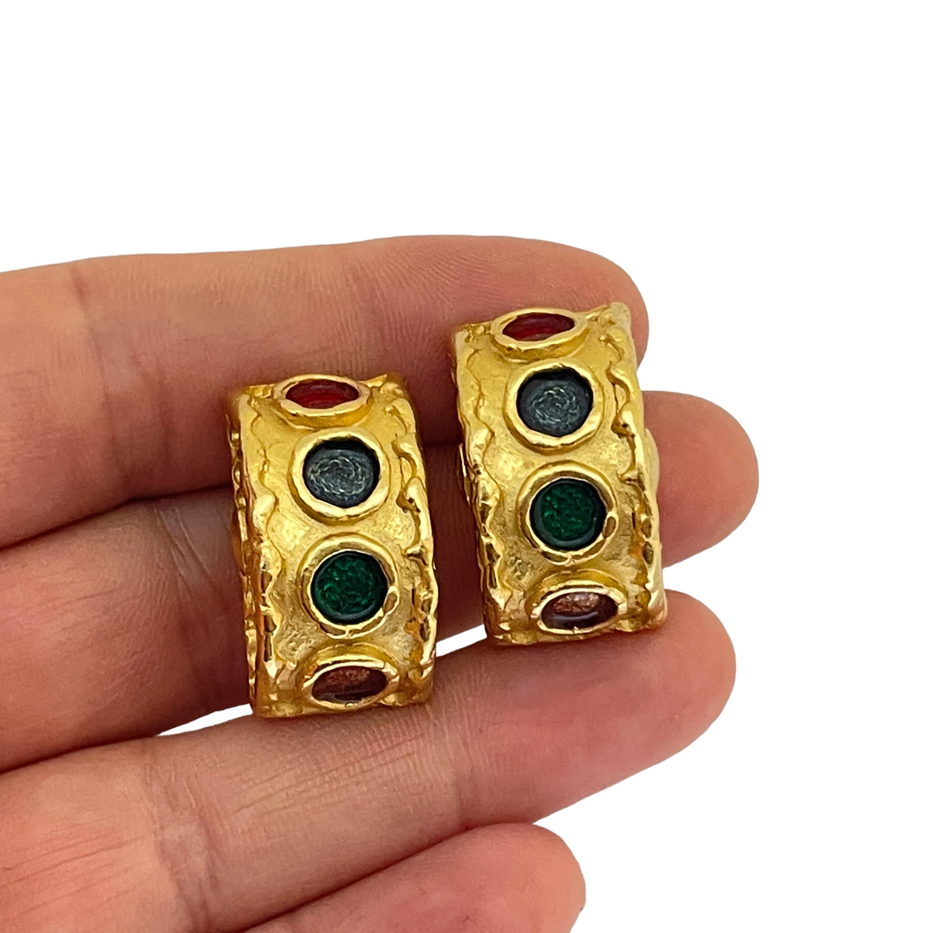 Women's or Men's Vintage DKNY DONNA KARAN gold enamel designer runway clip on earrings  For Sale