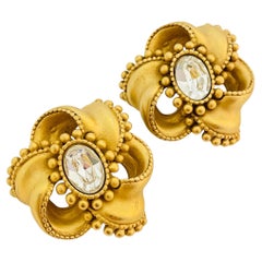 Vintage DKNY DONNA KARAN gold glass flower designer runway clip on earrings