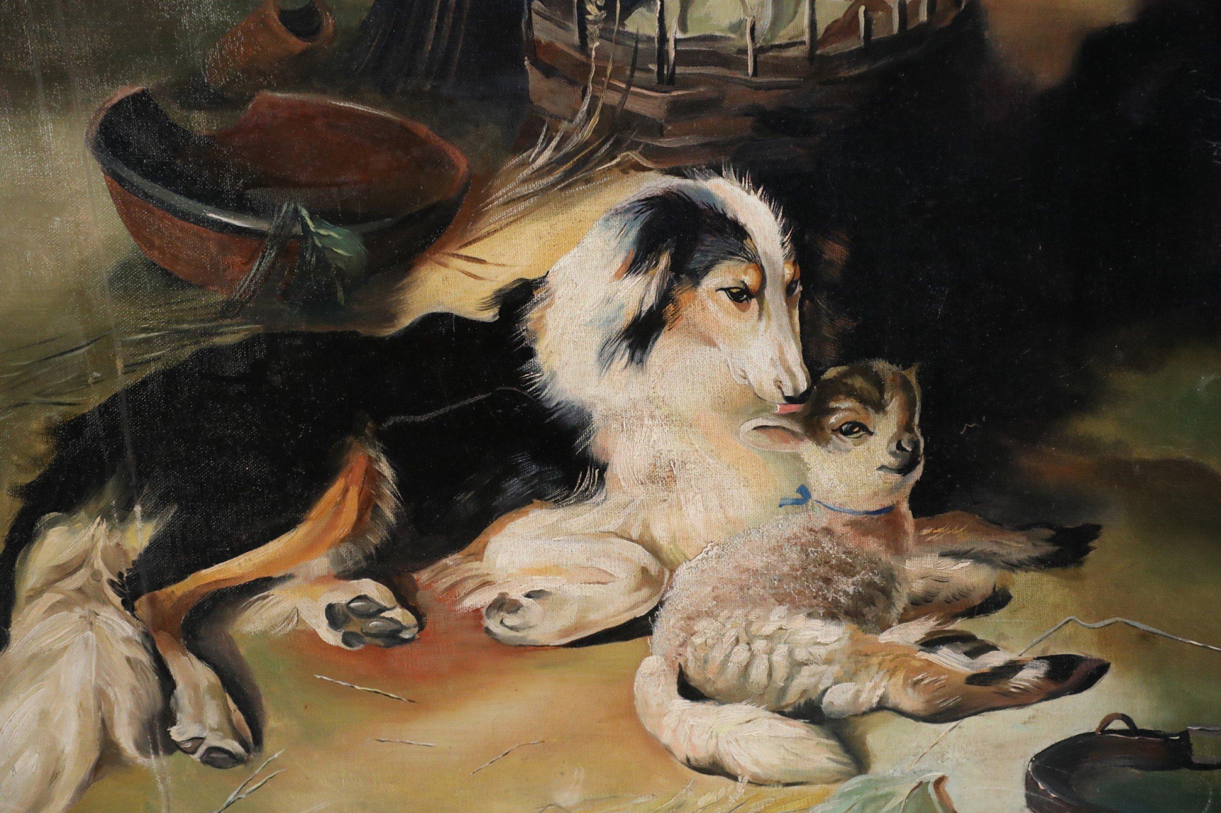 Vintage Dog and Lamb Oil Painting on Canvas For Sale 1