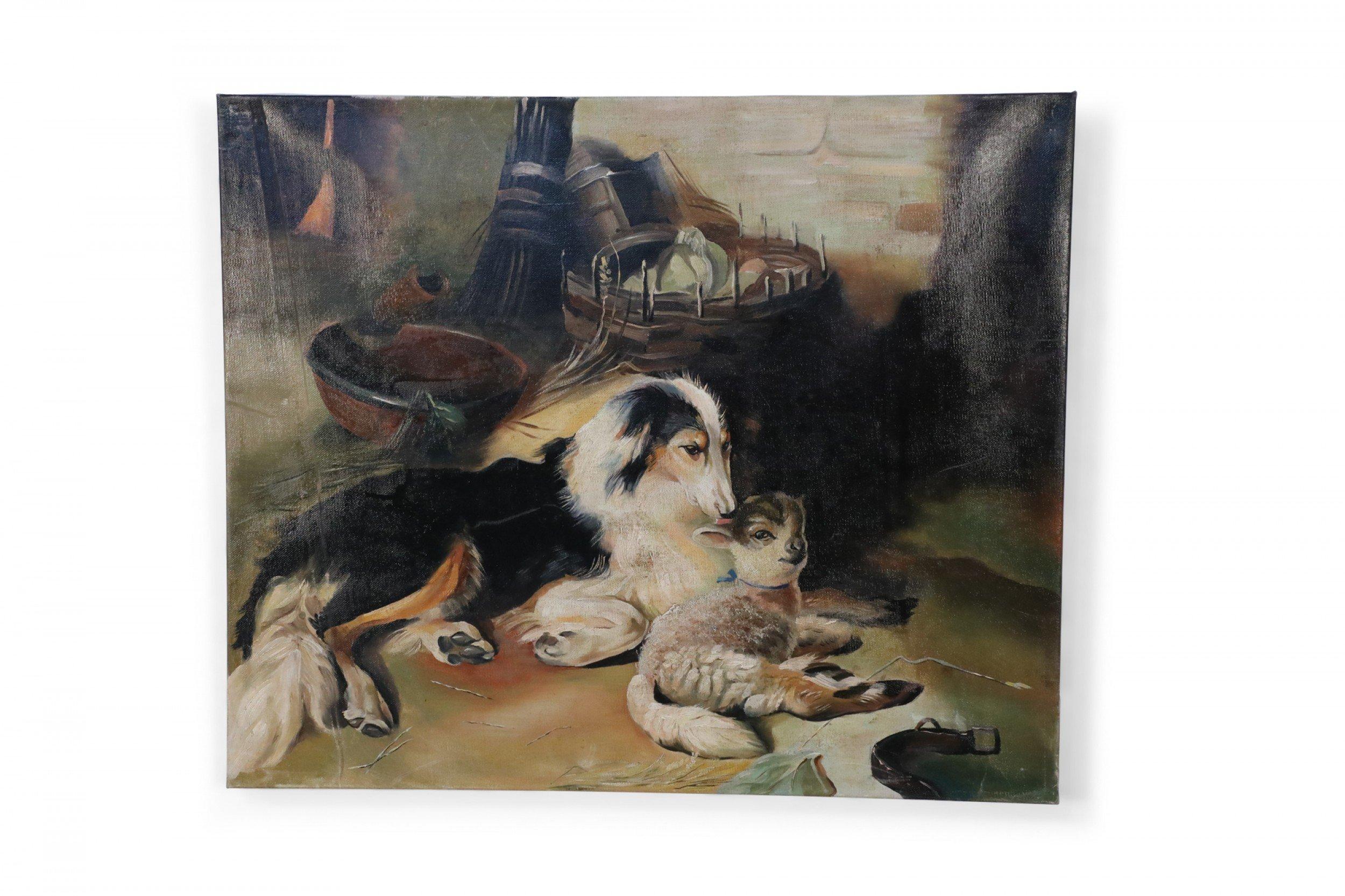 Peinture à l'huile sur toile vintage représentant un chien et un agneau en vente 3