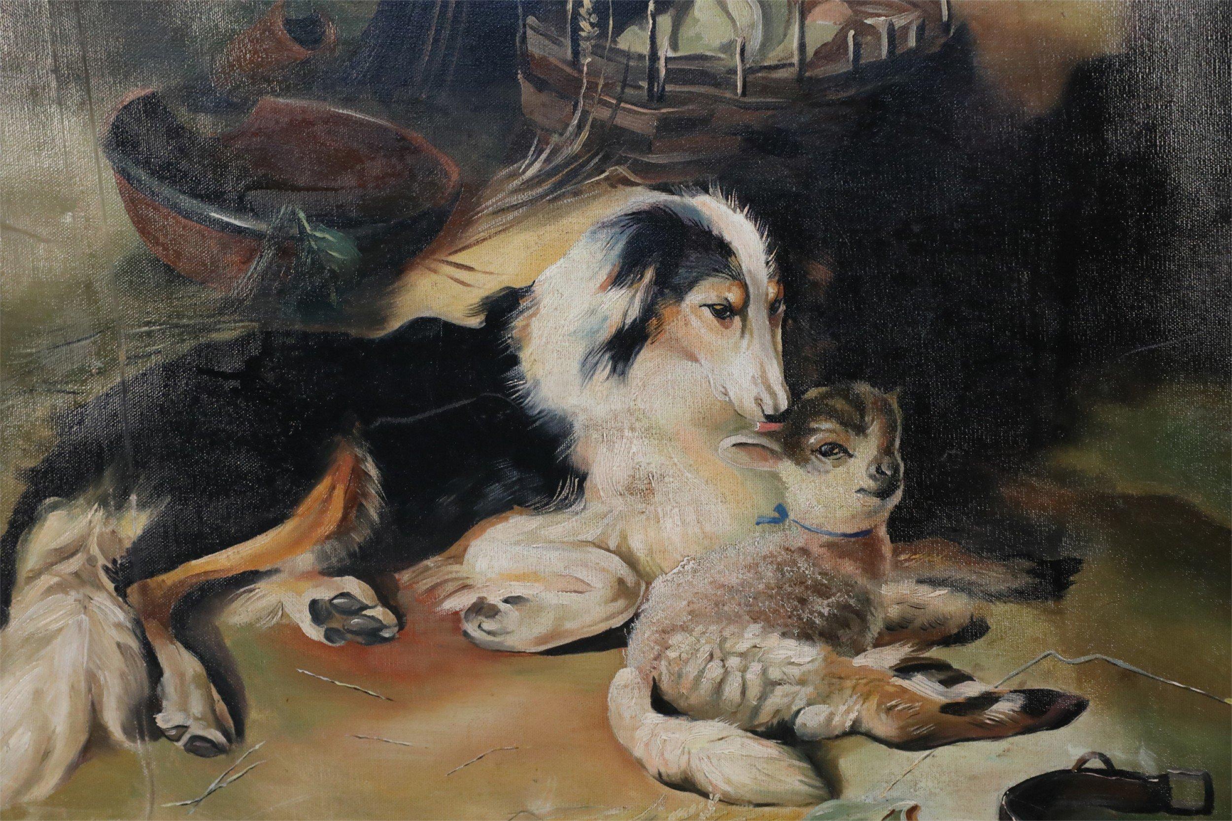 Peinture à l'huile sur toile vintage représentant un chien et un agneau en vente 4