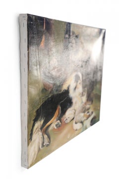 Vintage Dog and Lamb Oil Painting on Canvas