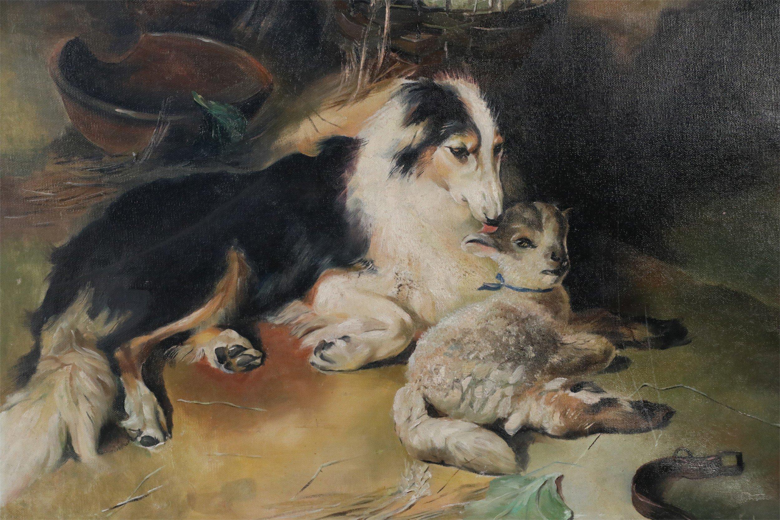 Vintage (20th Century) oil painting of a dog reclining alongside a lamb in a barn filled with farm implements on rectangular, unframed canvas.