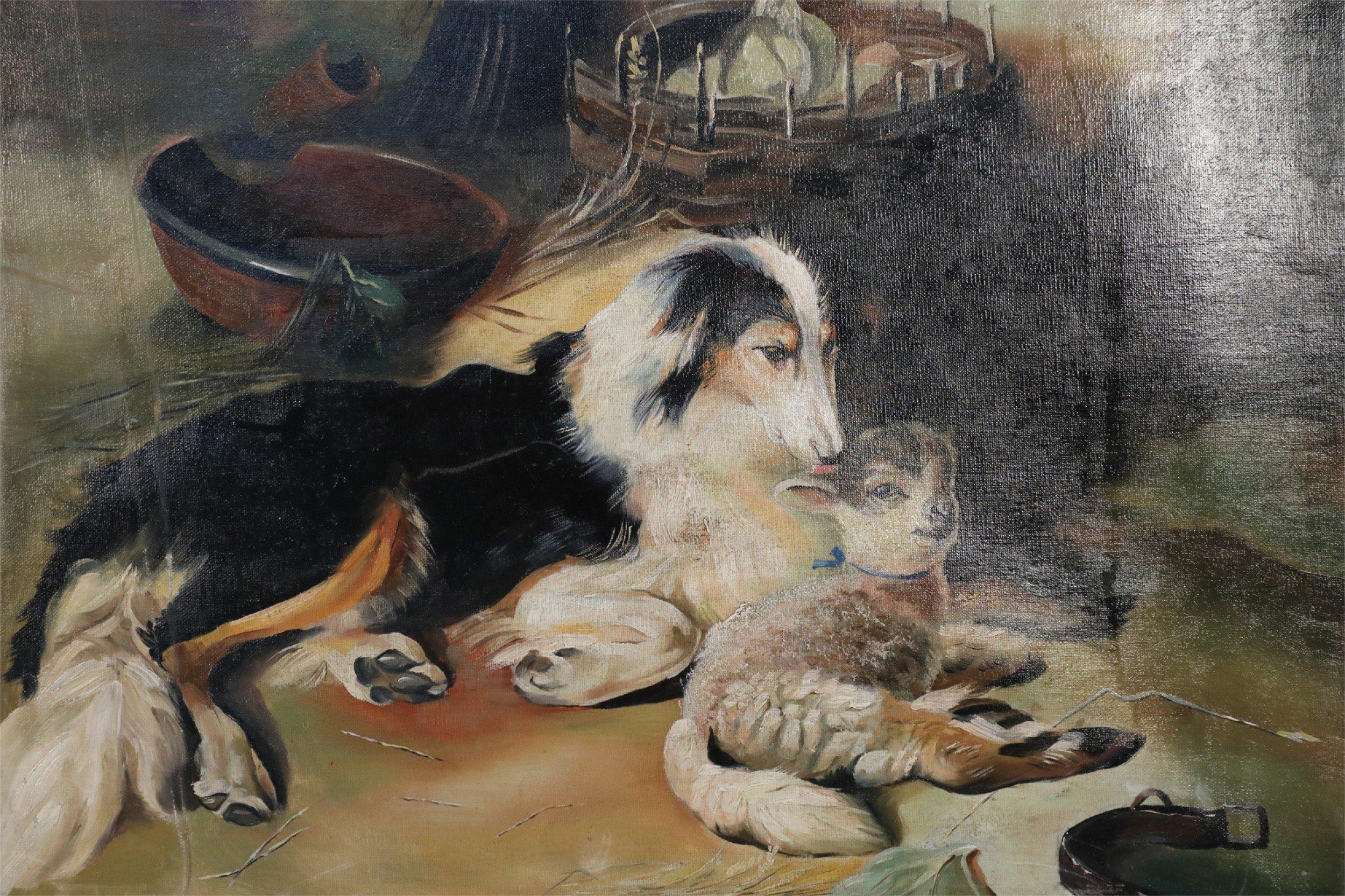 Vieille peinture à l'huile (20e siècle) d'un chien couché à côté d'un agneau dans une grange remplie d'outils de ferme sur une toile rectangulaire, non encadrée.
