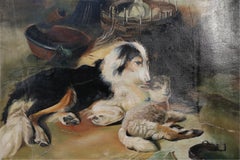 Vintage Dog and Lamb Oil Painting on Canvas