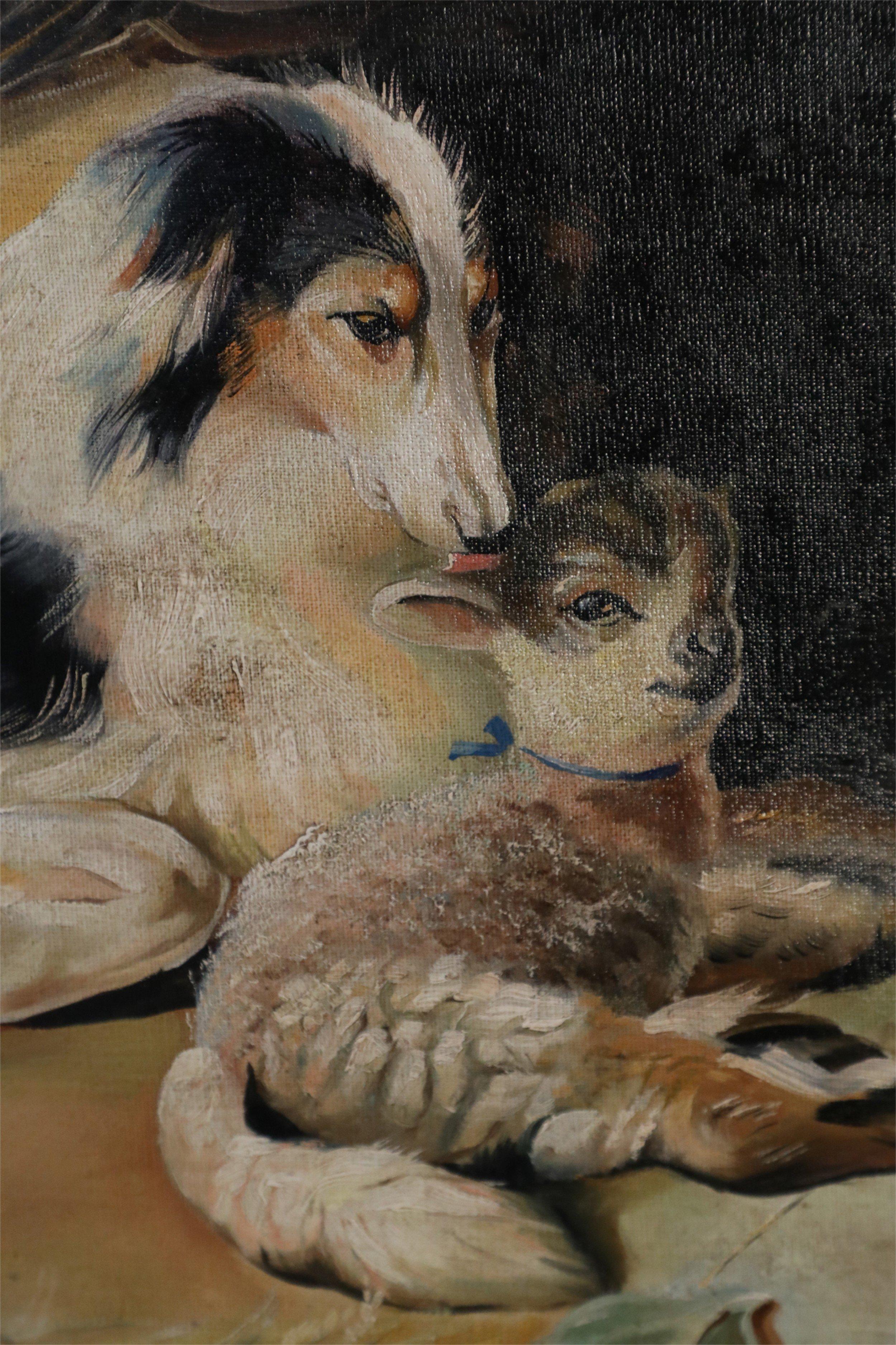 Mid-Century Modern Peinture à l'huile sur toile vintage représentant un chien et un agneau en vente