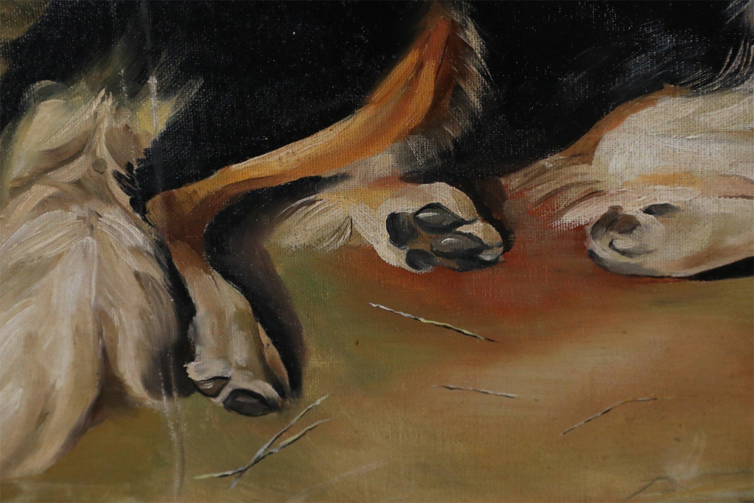 Américain Peinture à l'huile sur toile vintage représentant un chien et un agneau en vente