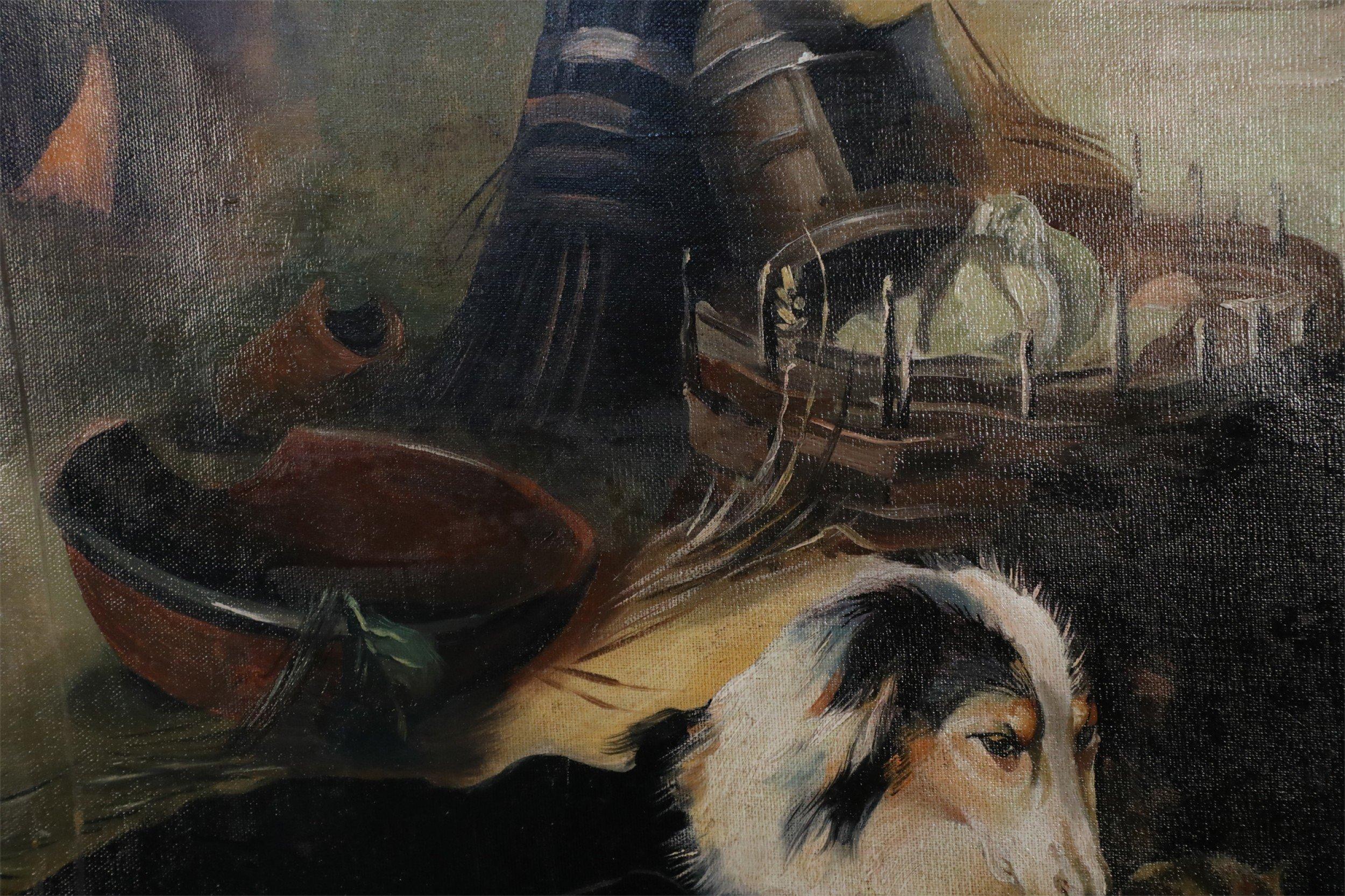 Huilé Peinture à l'huile sur toile vintage représentant un chien et un agneau en vente