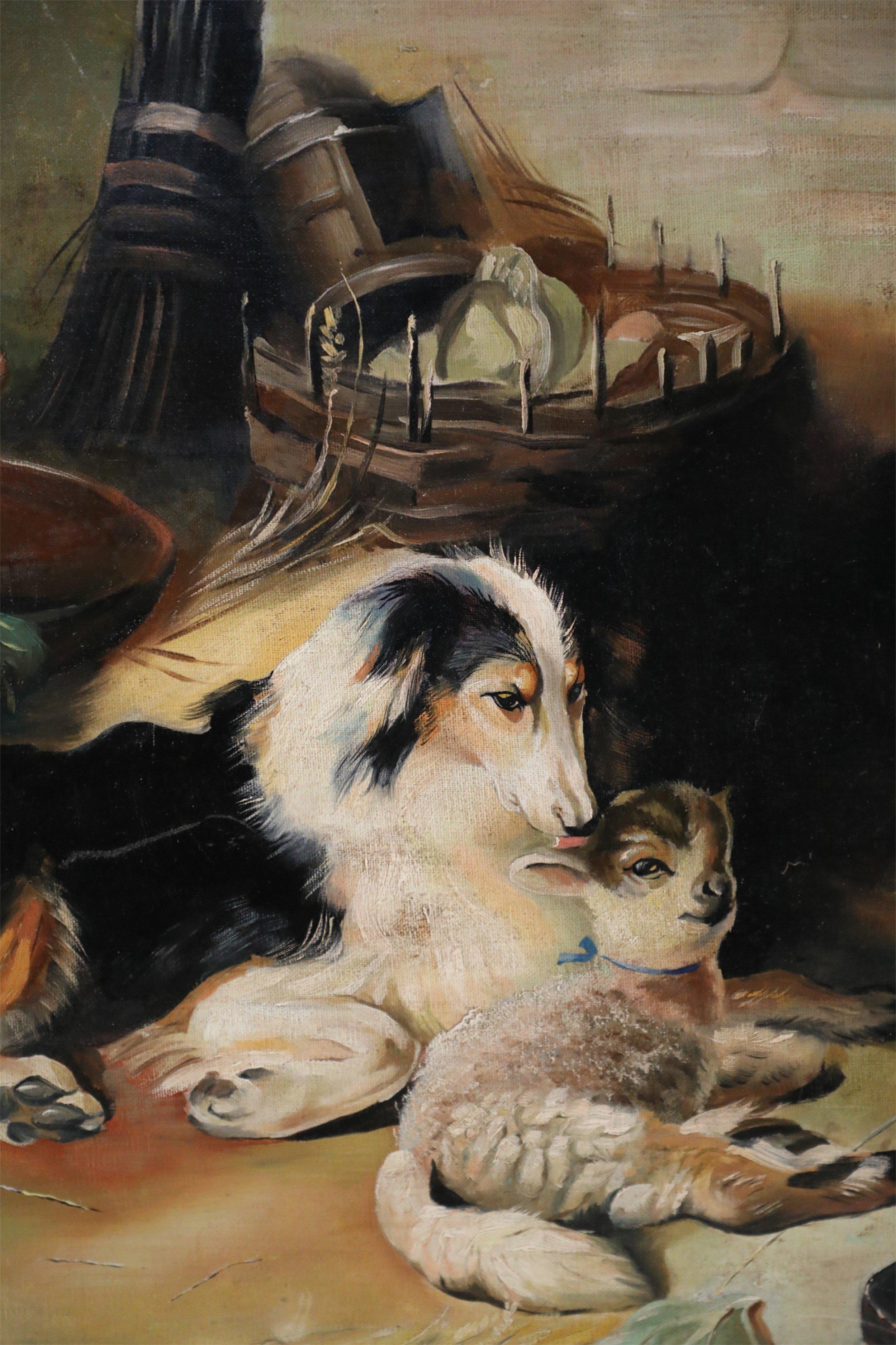 Mid-Century Modern Vintage Dog and Lamb Oil Painting on Canvas For Sale