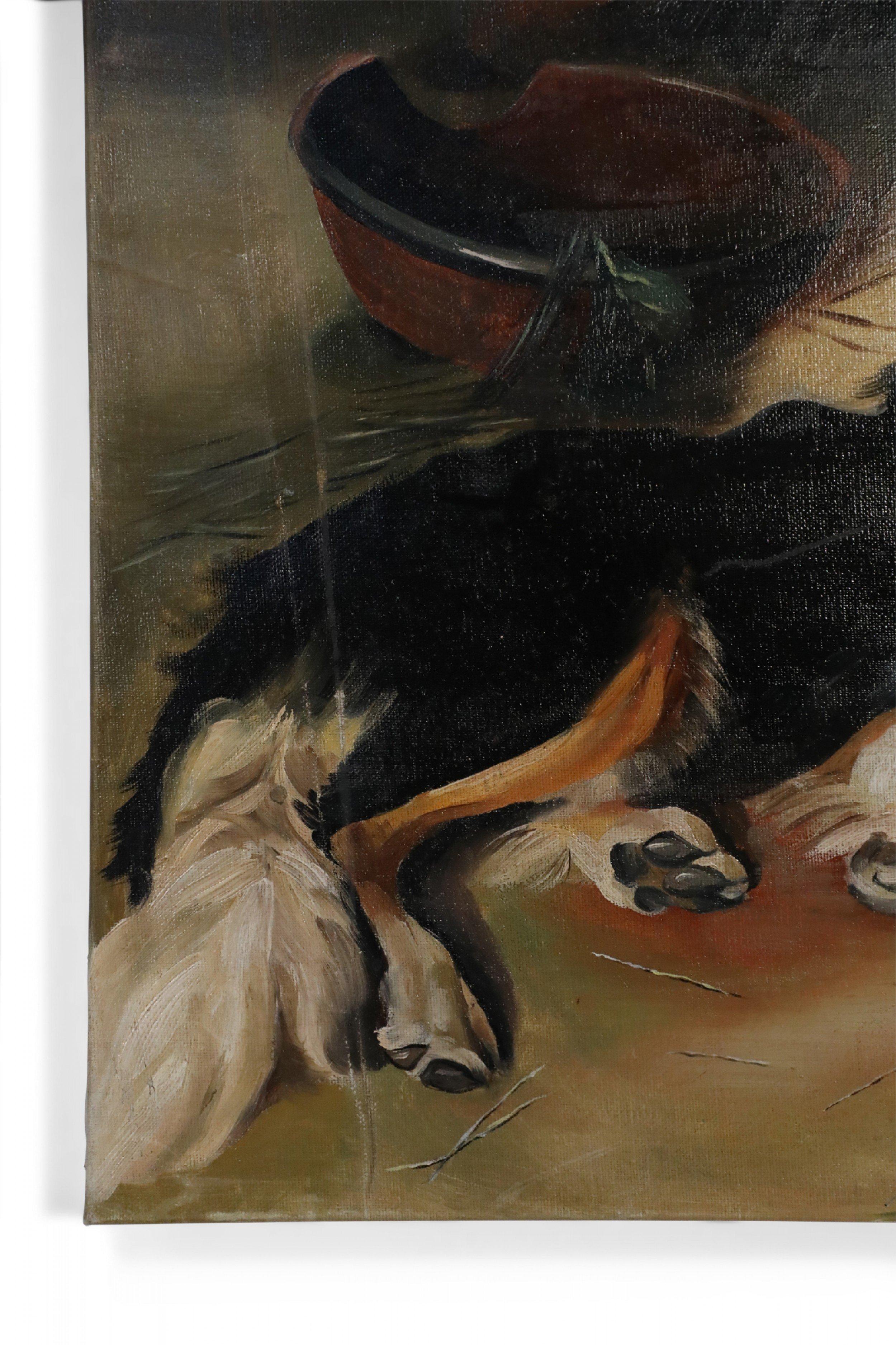 Peinture à l'huile sur toile vintage représentant un chien et un agneau Bon état - En vente à New York, NY