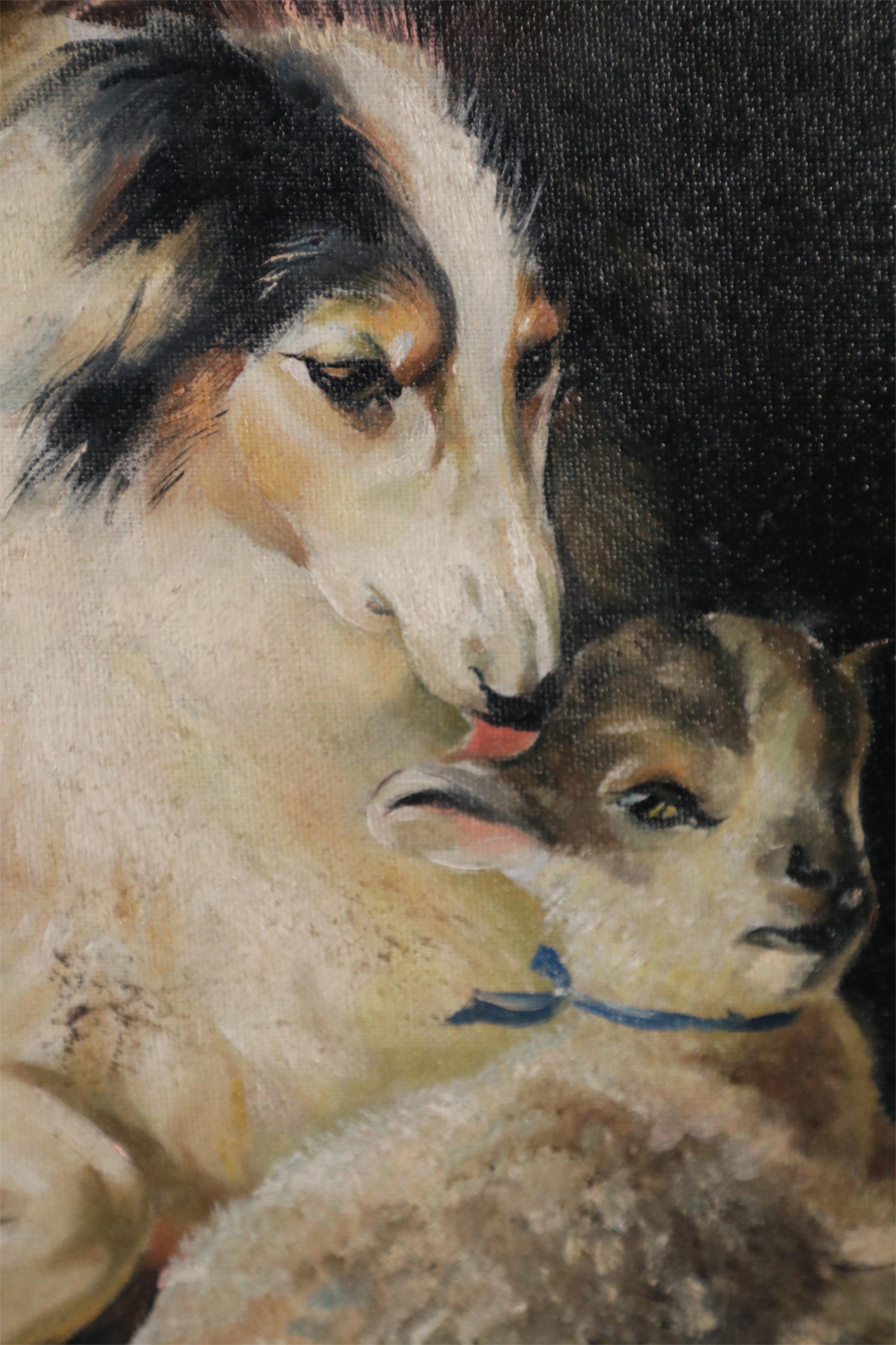 Toile Peinture à l'huile sur toile vintage représentant un chien et un agneau en vente