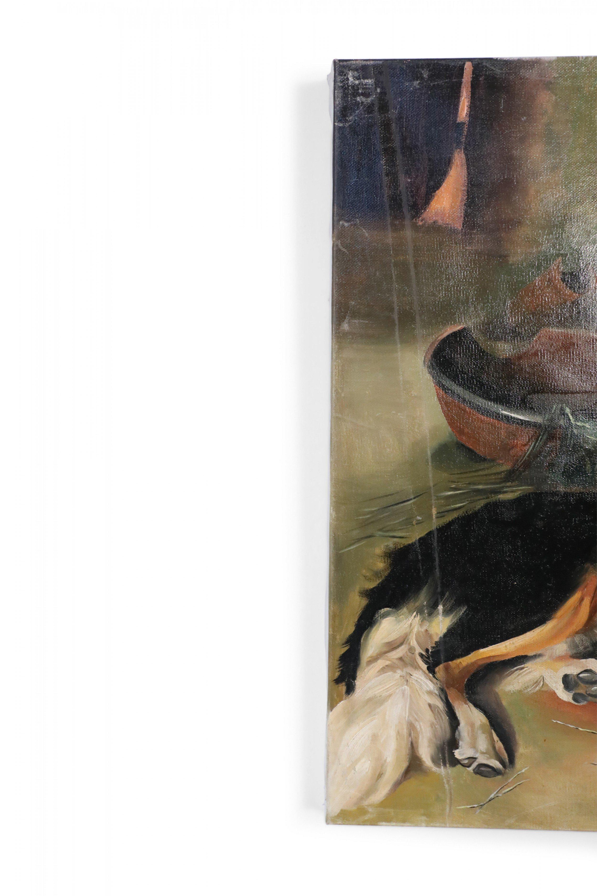 Peinture à l'huile sur toile vintage représentant un chien et un agneau en vente 1