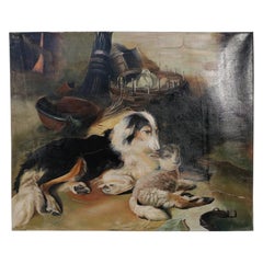 Peinture à l'huile sur toile vintage représentant un chien et un agneau