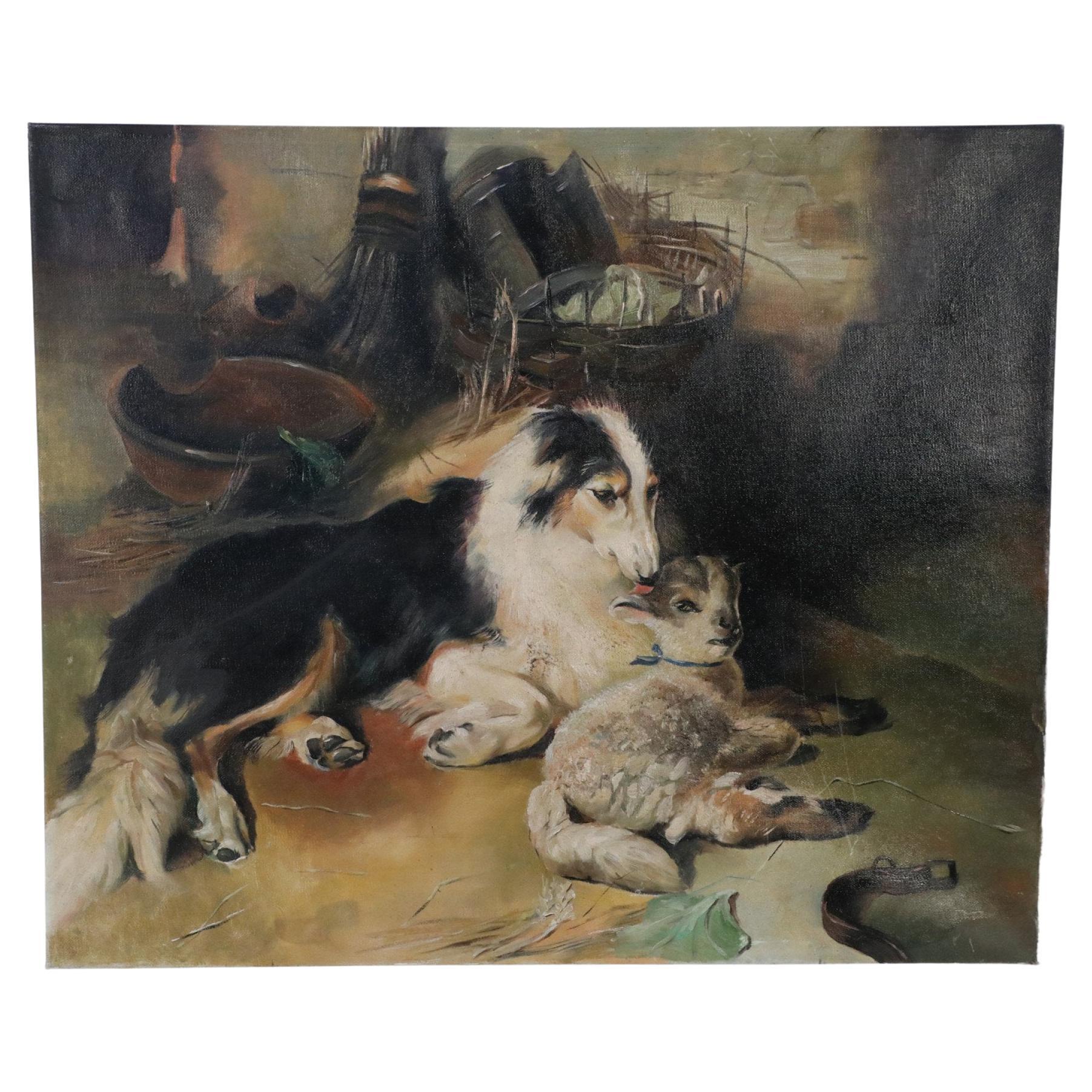 Peinture à l'huile sur toile vintage représentant un chien et un agneau