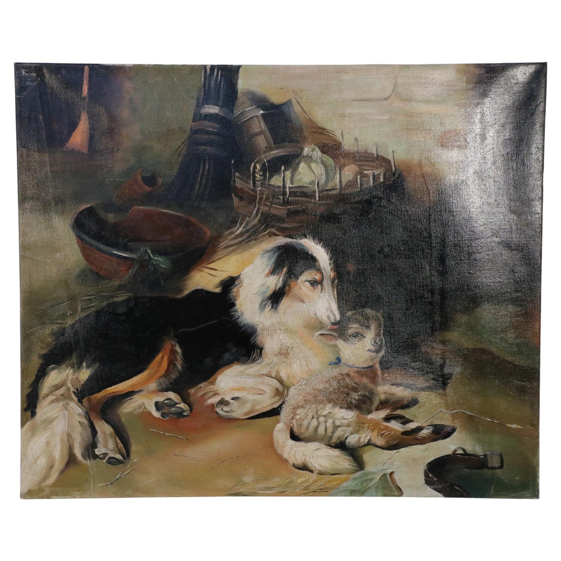 Vintage Dog and Lamb Oil Painting on Canvas For Sale