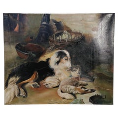 Vintage Dog and Lamb Oil Painting on Canvas