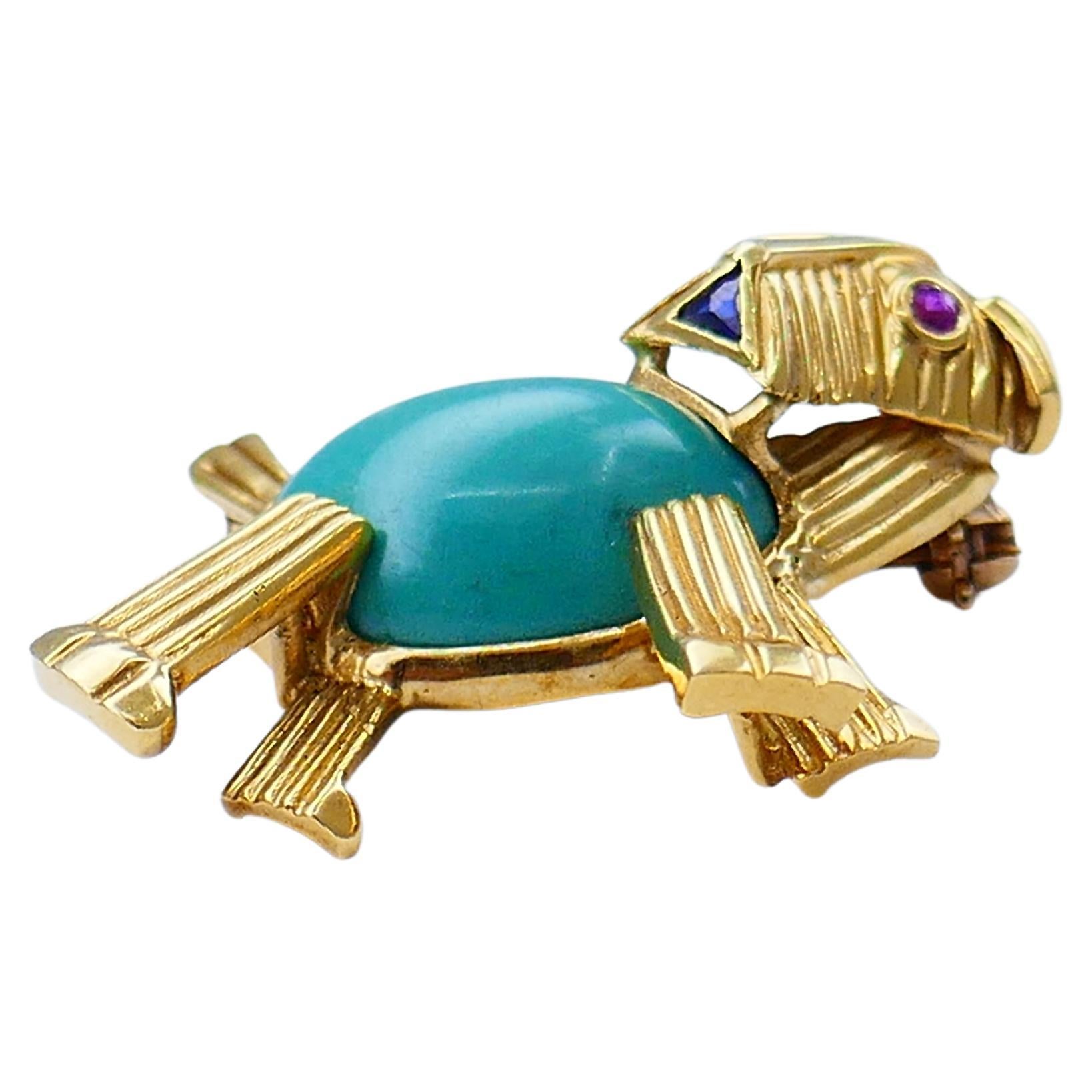 Vintage Dog Pin Gold Gemstones 14k Brooch Estate Jewelry In Good Condition In Beverly Hills, CA