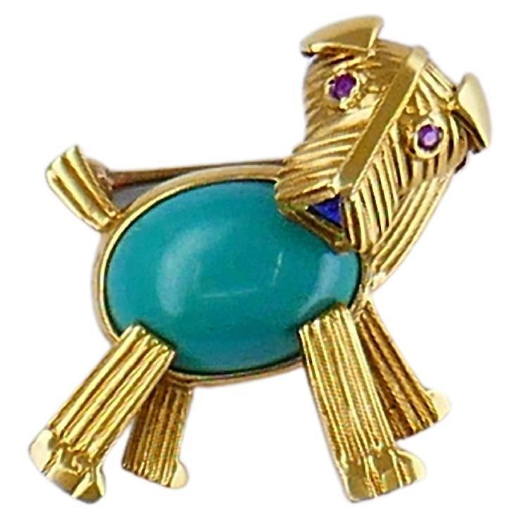 Vintage Dog Pin Gold Gemstones 14k Brooch Estate Jewelry For Sale