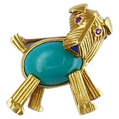 Retro Dog Pin Gold Gemstones 14k Brooch Estate Jewelry