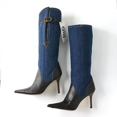 Vintage Dolce and Gabbana Denim Snakeskin Tall Pointed Toe Heeled Boots 35