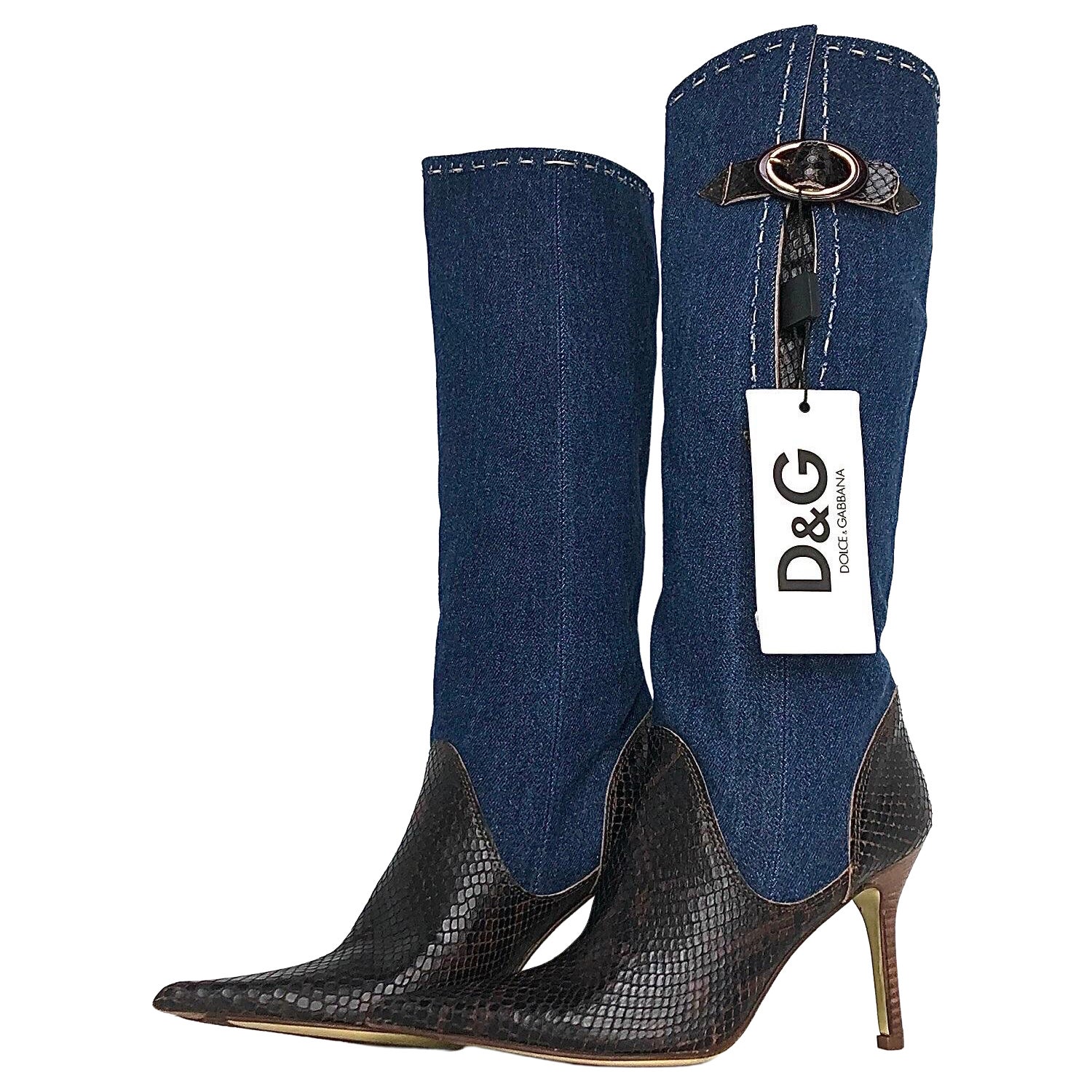 Vintage Dolce
Gabbana Denim Snakeskin Tall Pointed Toe Heeled Boots 35