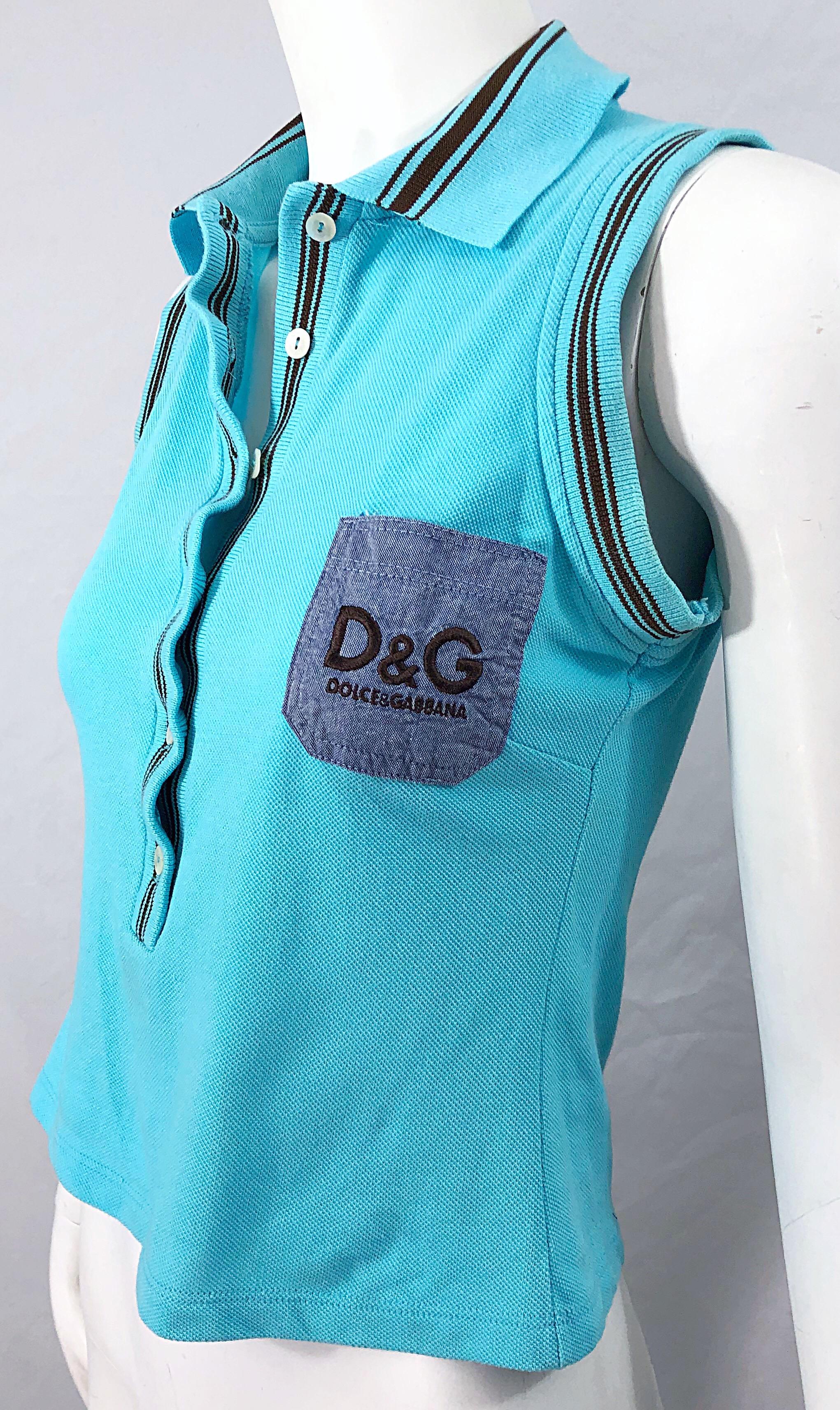 Vintage Dolce & Gabbana 1990s Turquoise Blue + Brown Logo 90s Knit Crop Top Polo For Sale 3