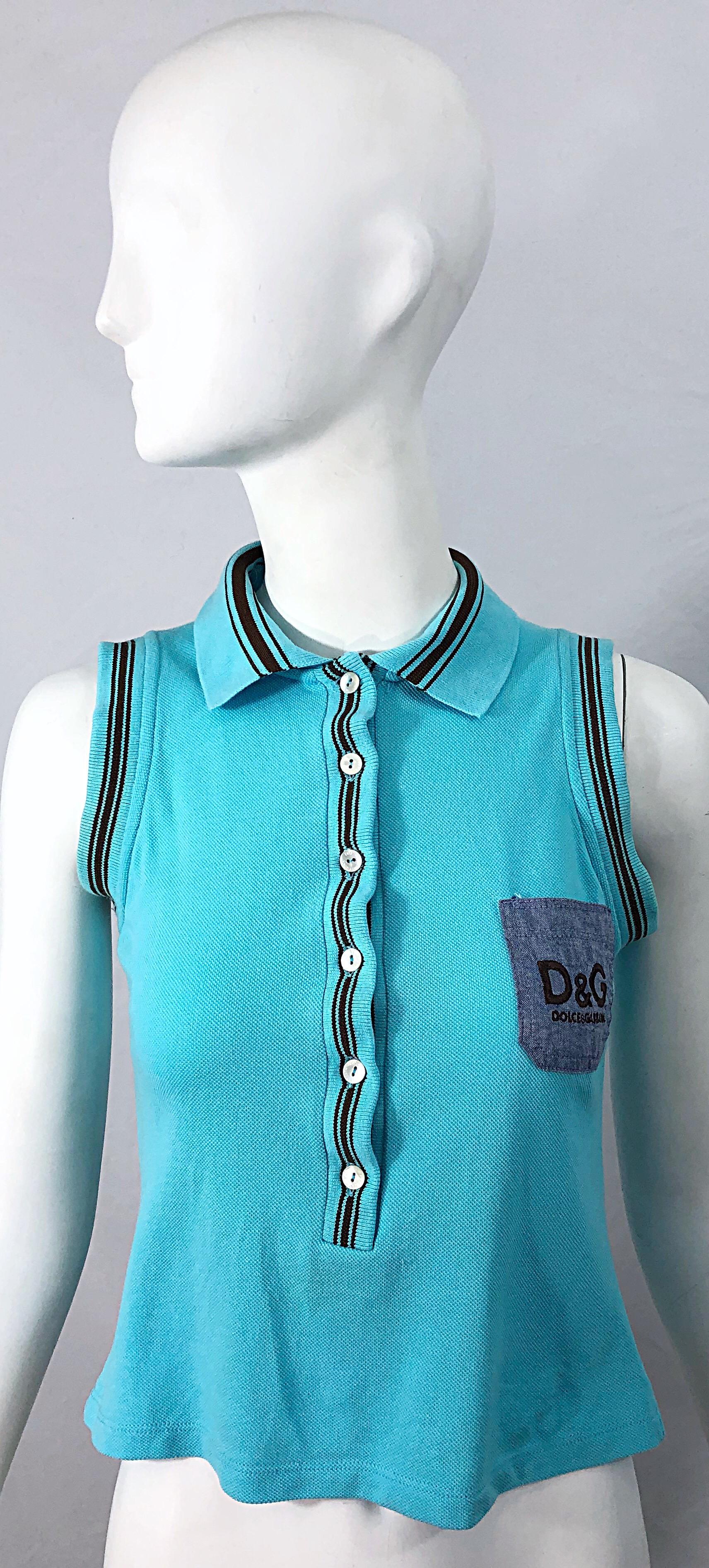 Vintage Dolce & Gabbana 1990s Turquoise Blue + Brown Logo 90s Knit Crop Top Polo For Sale 4
