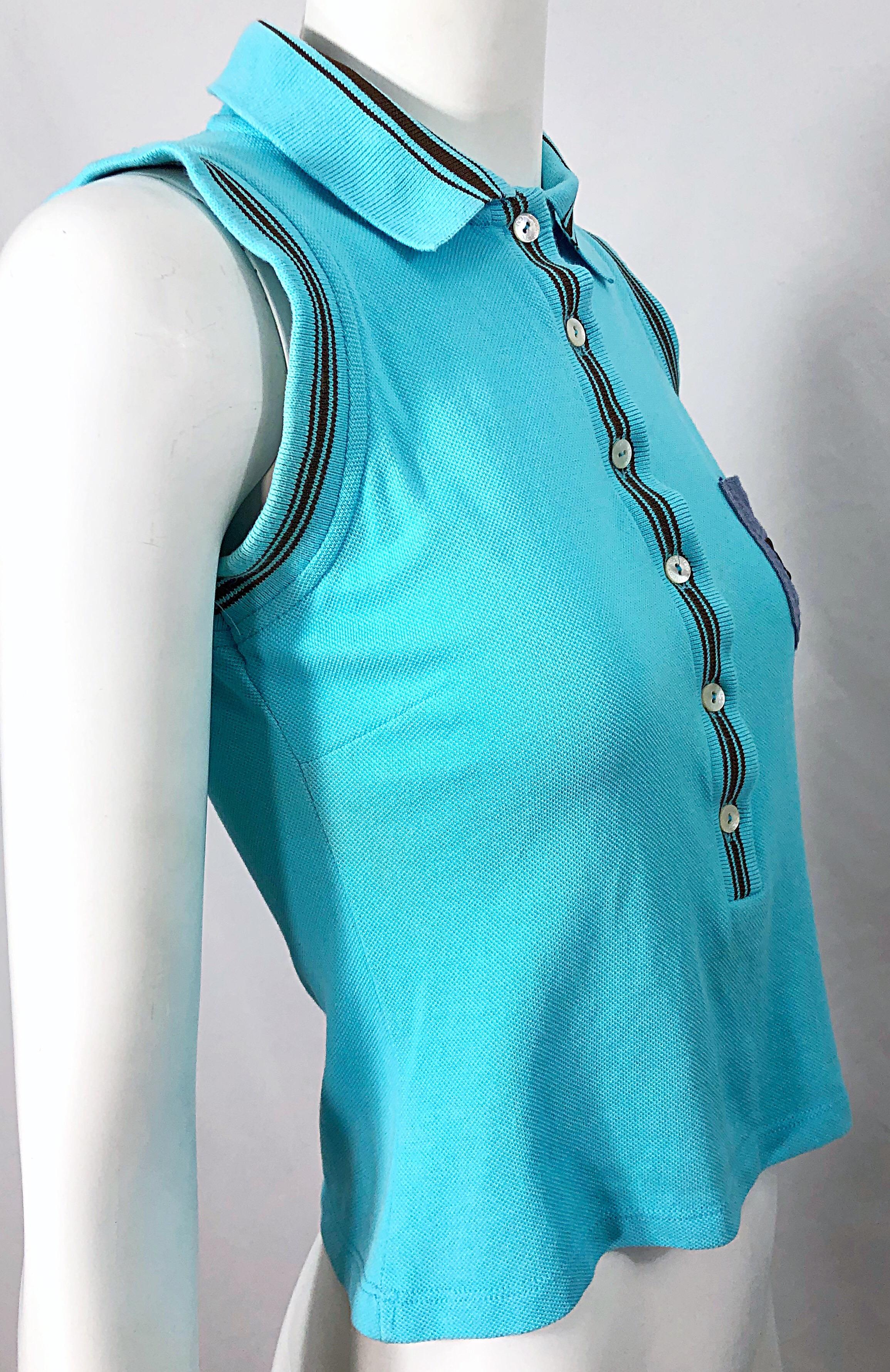 Vintage Dolce & Gabbana 1990s Turquoise Blue + Brown Logo 90s Knit Crop Top Polo For Sale 5