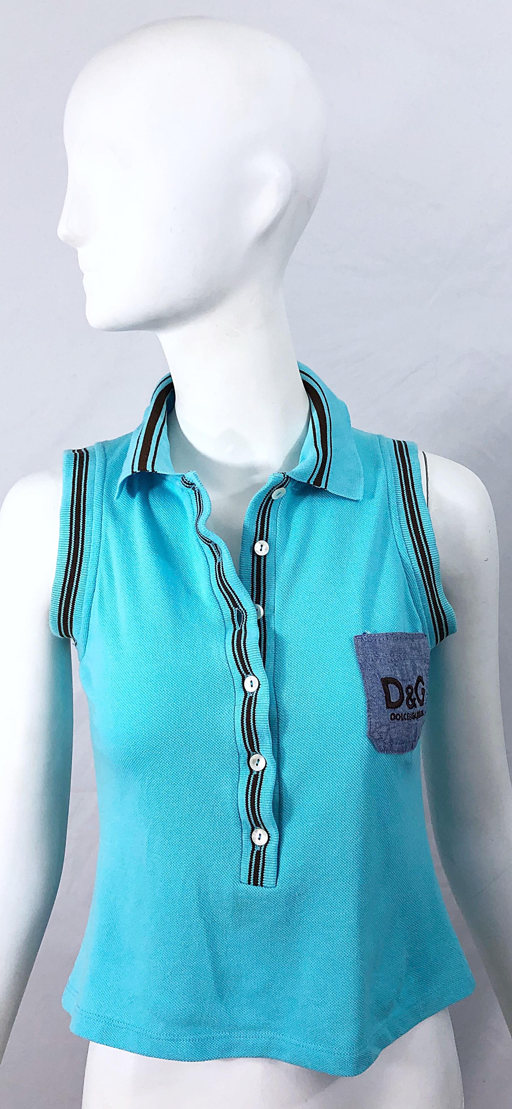 Vintage Dolce & Gabbana 1990s Turquoise Blue + Brown Logo 90s Knit Crop Top Polo For Sale 6