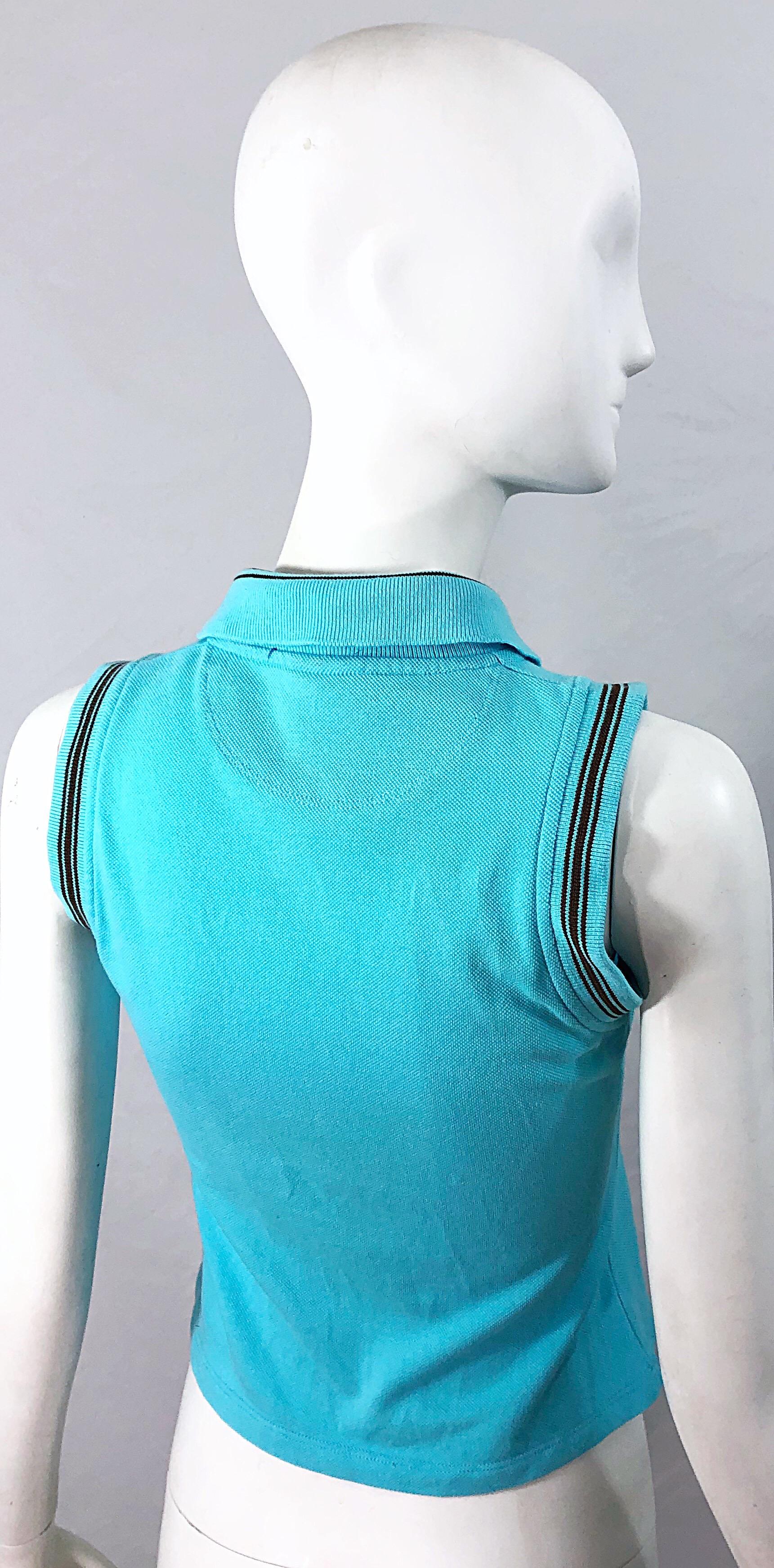 Vintage Dolce & Gabbana 1990s Turquoise Blue + Brown Logo 90s Knit Crop Top Polo In Excellent Condition For Sale In San Diego, CA