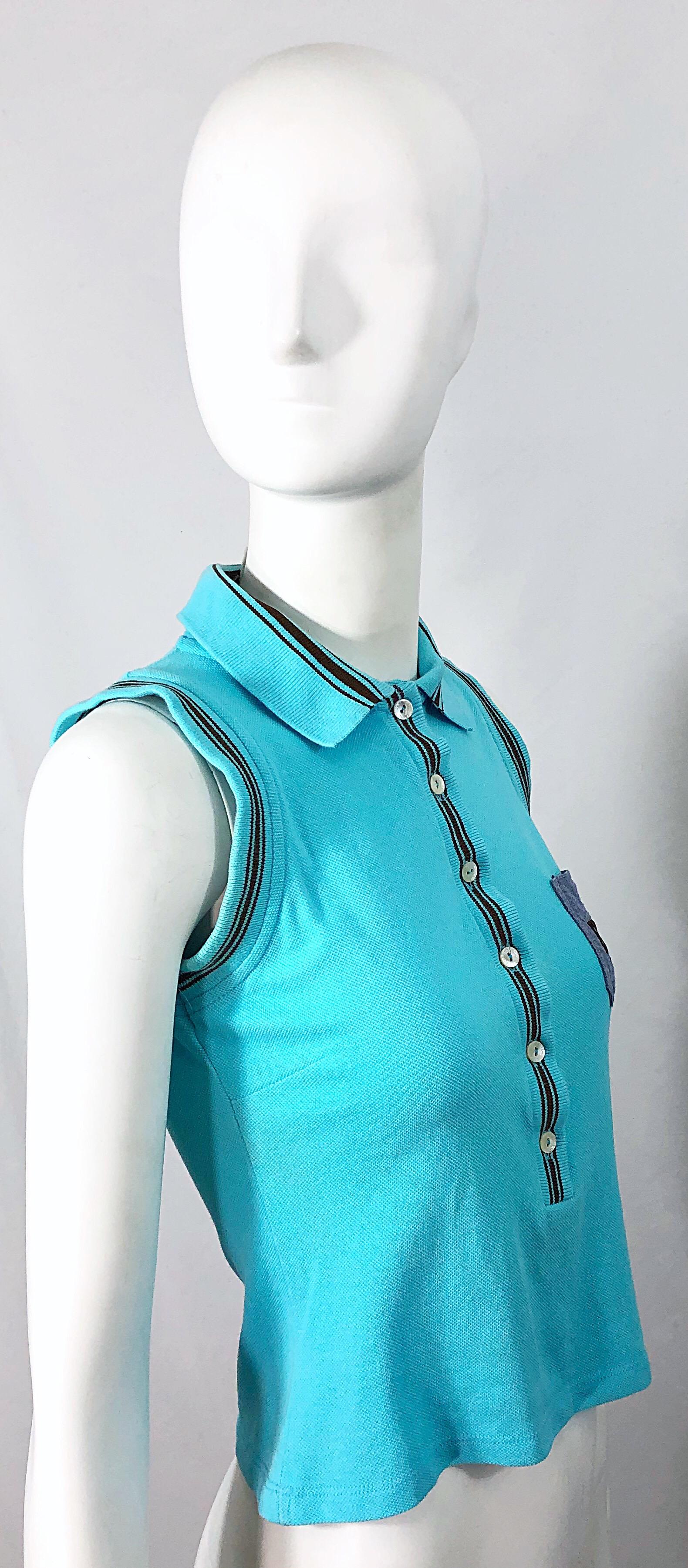 Women's Vintage Dolce & Gabbana 1990s Turquoise Blue + Brown Logo 90s Knit Crop Top Polo For Sale