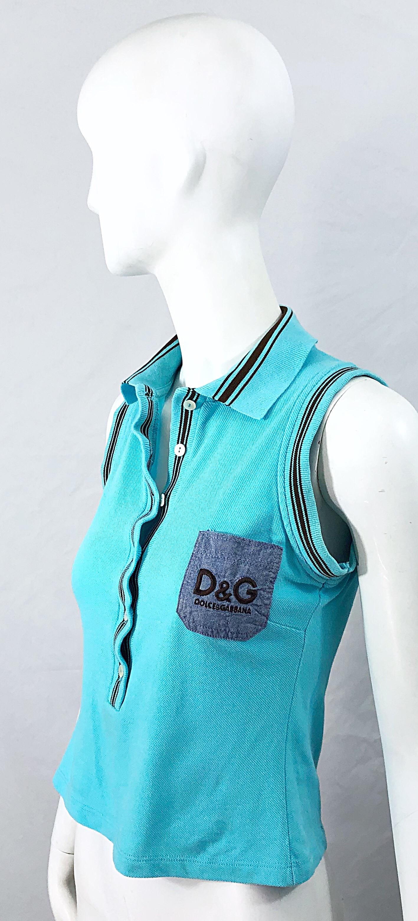 Vintage Dolce & Gabbana 1990s Turquoise Blue + Brown Logo 90s Knit Crop Top Polo For Sale 1