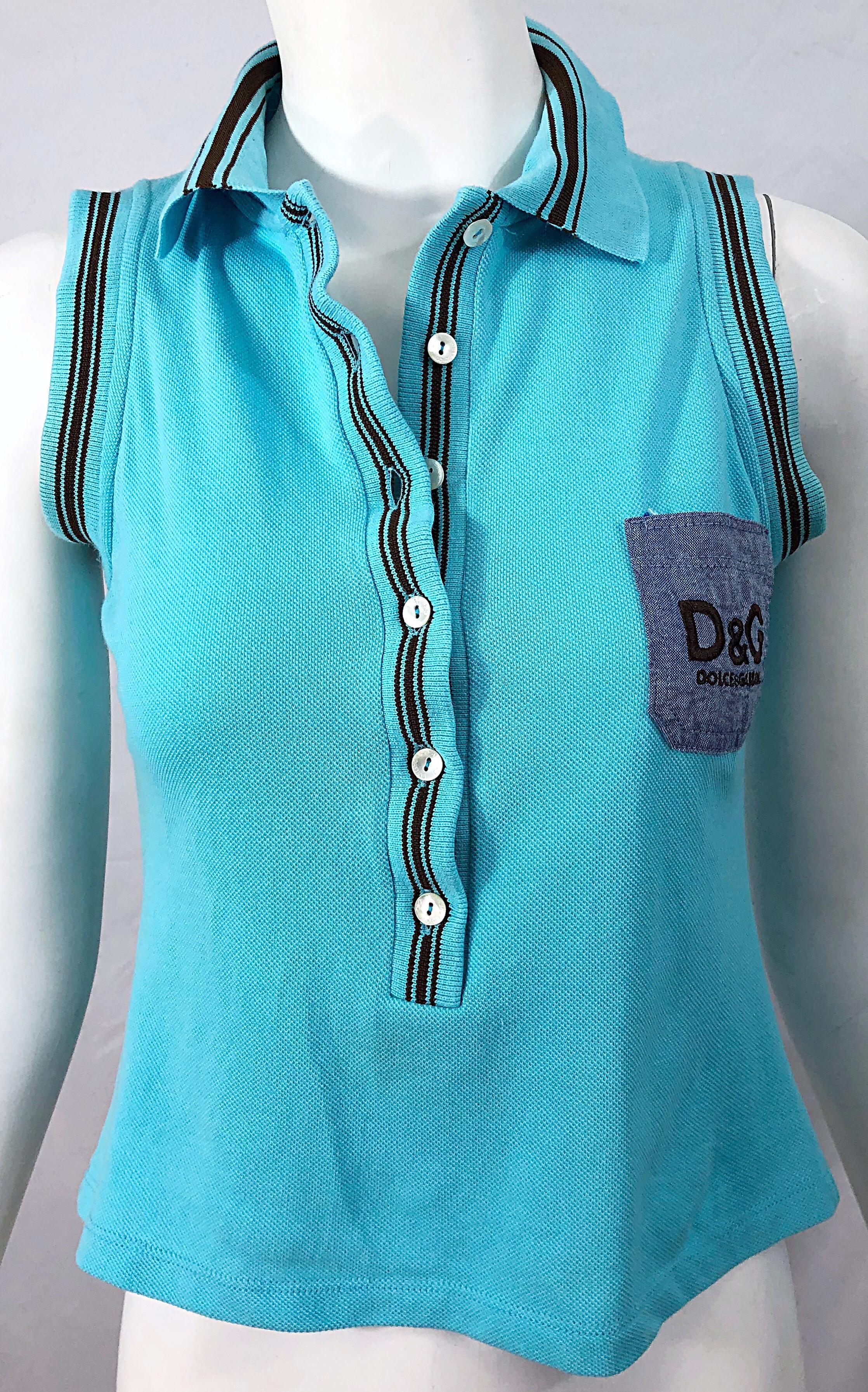 Vintage Dolce & Gabbana 1990s Turquoise Blue + Brown Logo 90s Knit Crop Top Polo For Sale 2