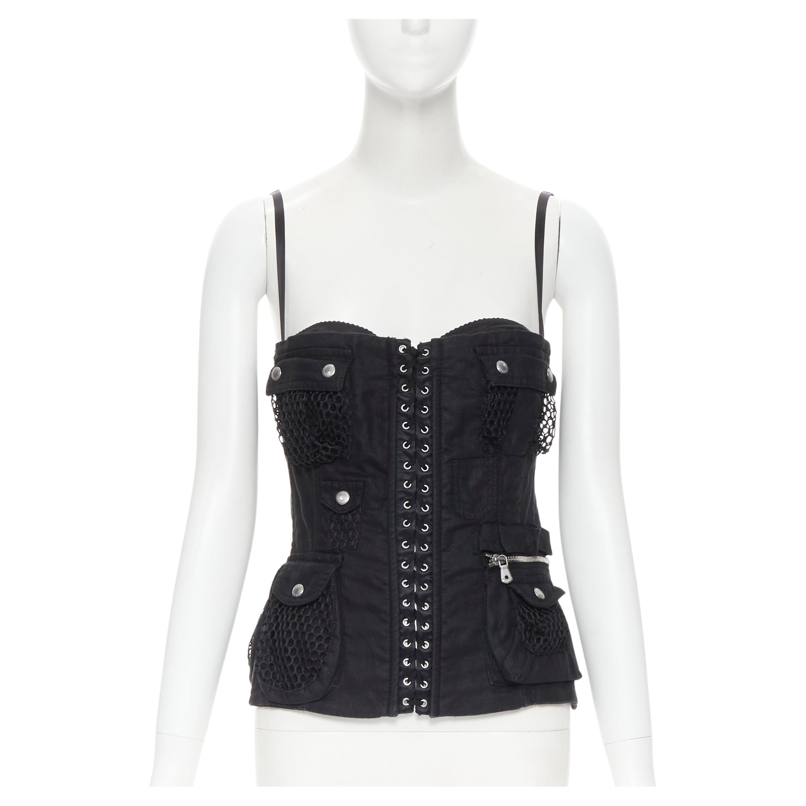 vintage DOLCE GABBANA black cargo mesh military pocket corset bustier top IT42 M