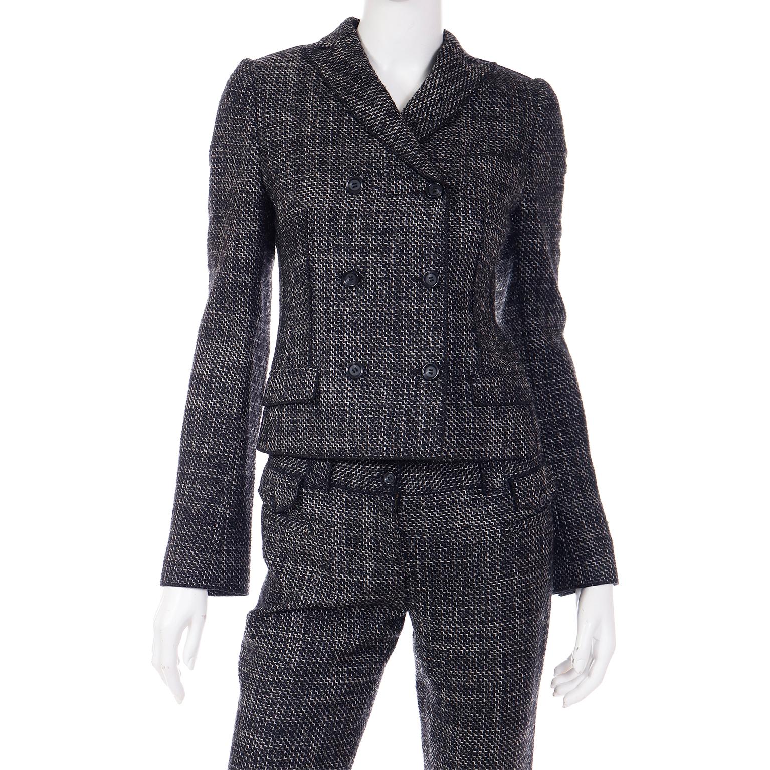 Vintage Dolce & Gabbana Black Tweed 3 Pc Jacket Vest & Trousers Pantsuit  For Sale 3