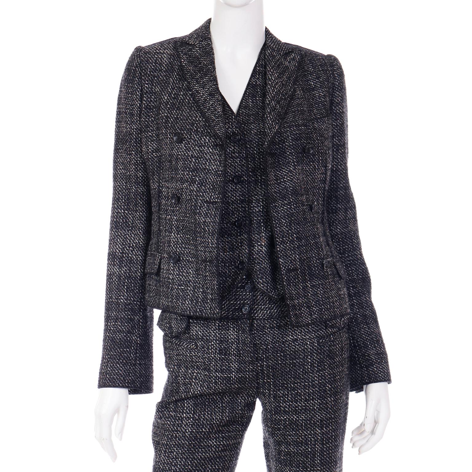 Vintage Dolce & Gabbana Black Tweed 3 Pc Jacket Vest & Trousers Pantsuit  For Sale 4