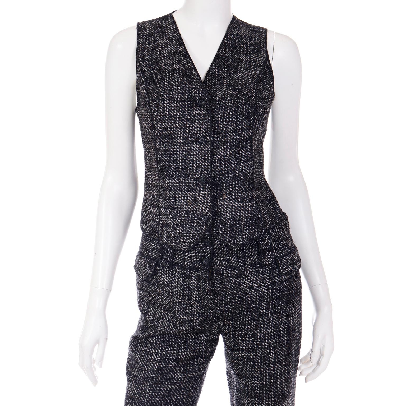 Vintage Dolce & Gabbana Black Tweed 3 Pc Jacket Vest & Trousers Pantsuit  For Sale 5