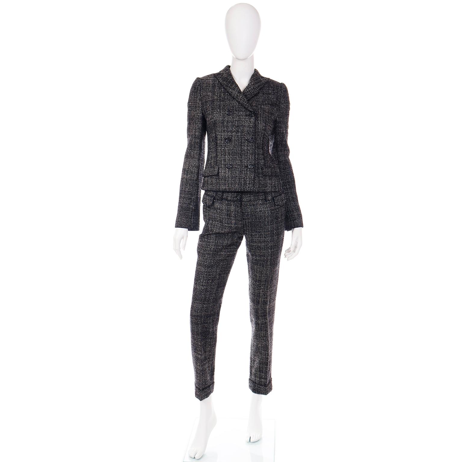 Vintage Dolce & Gabbana Black Tweed 3 Pc Jacket Vest & Trousers Pantsuit  For Sale 2