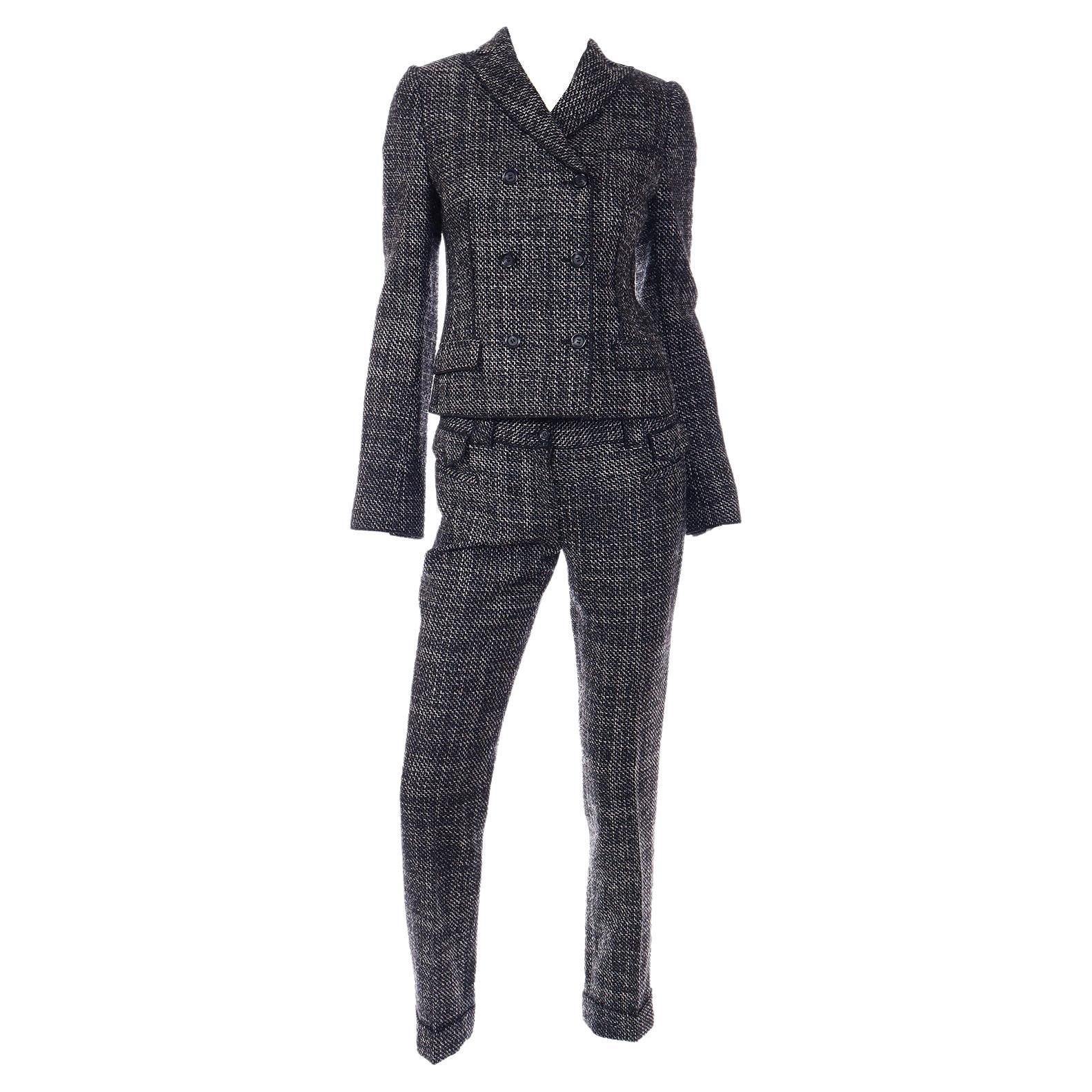 Vintage Dolce & Gabbana Black Tweed 3 Pc Jacket Vest & Trousers Pantsuit  For Sale