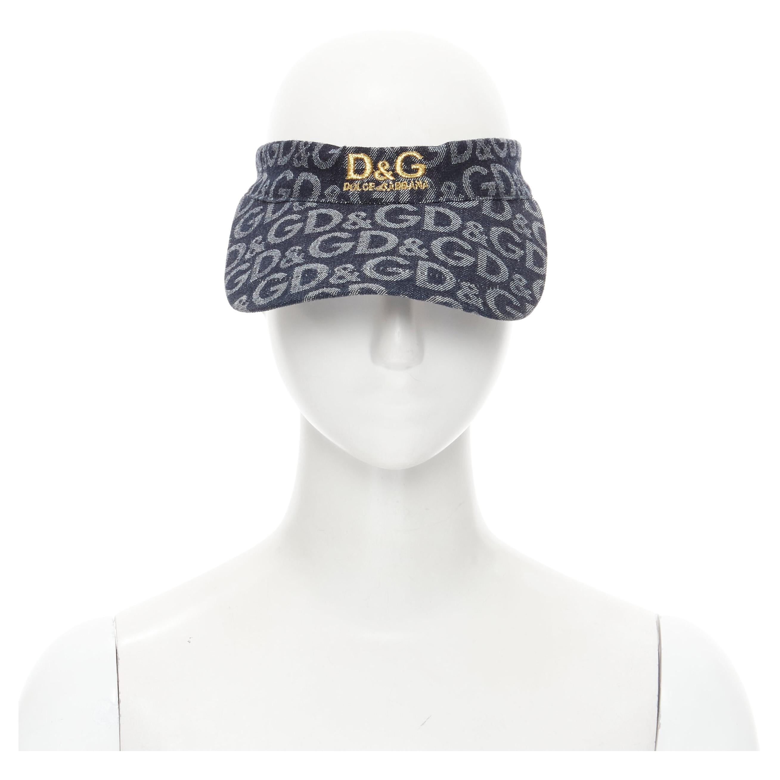 vintage DOLCE GABBANA blue D&G logo denim jacquard gold embroidery visor hat XS For Sale